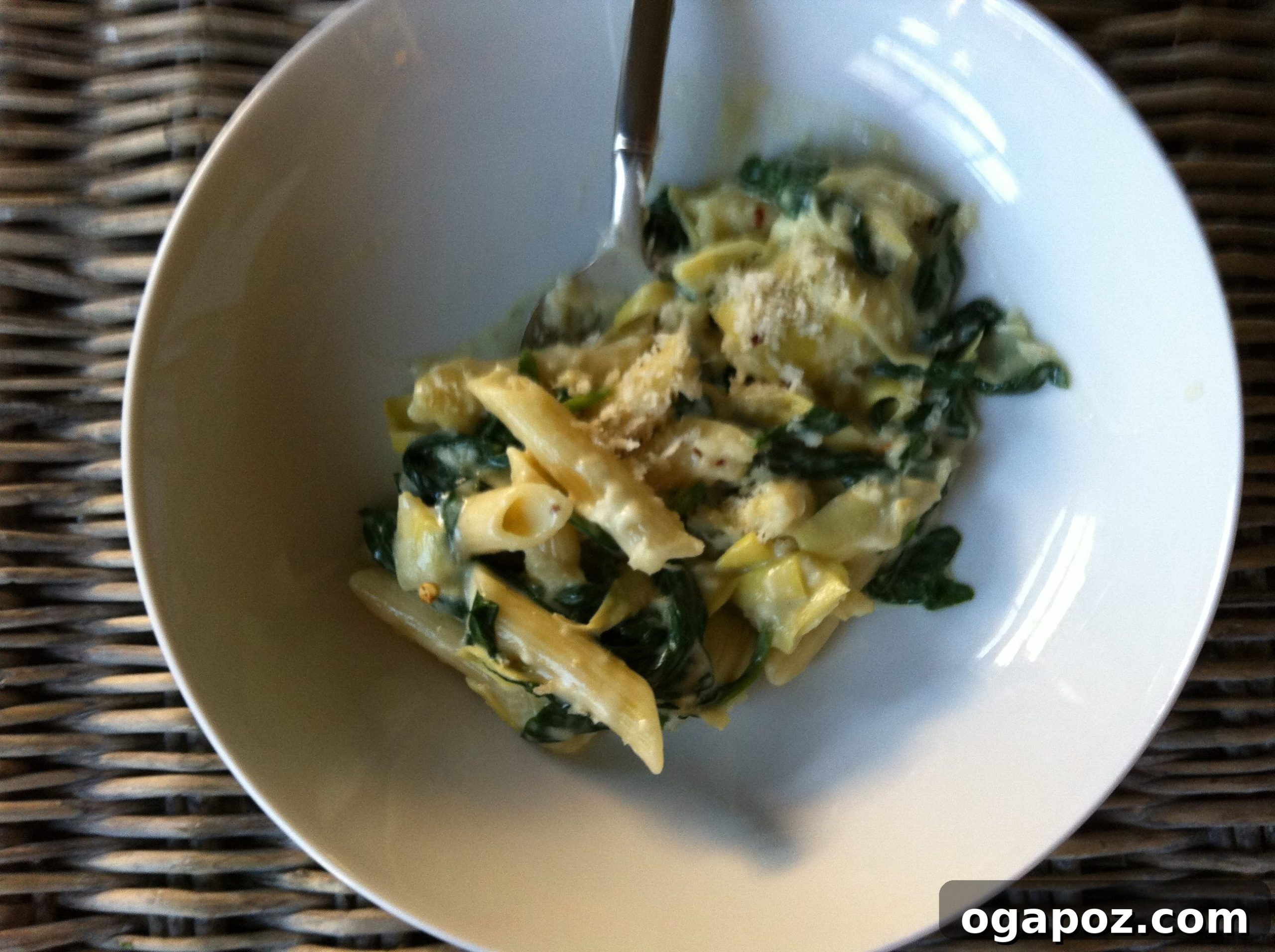 Creamy Spinach Artichoke Pasta with Crispy Panko 4 Spinach and artichoke pasta ready to serve