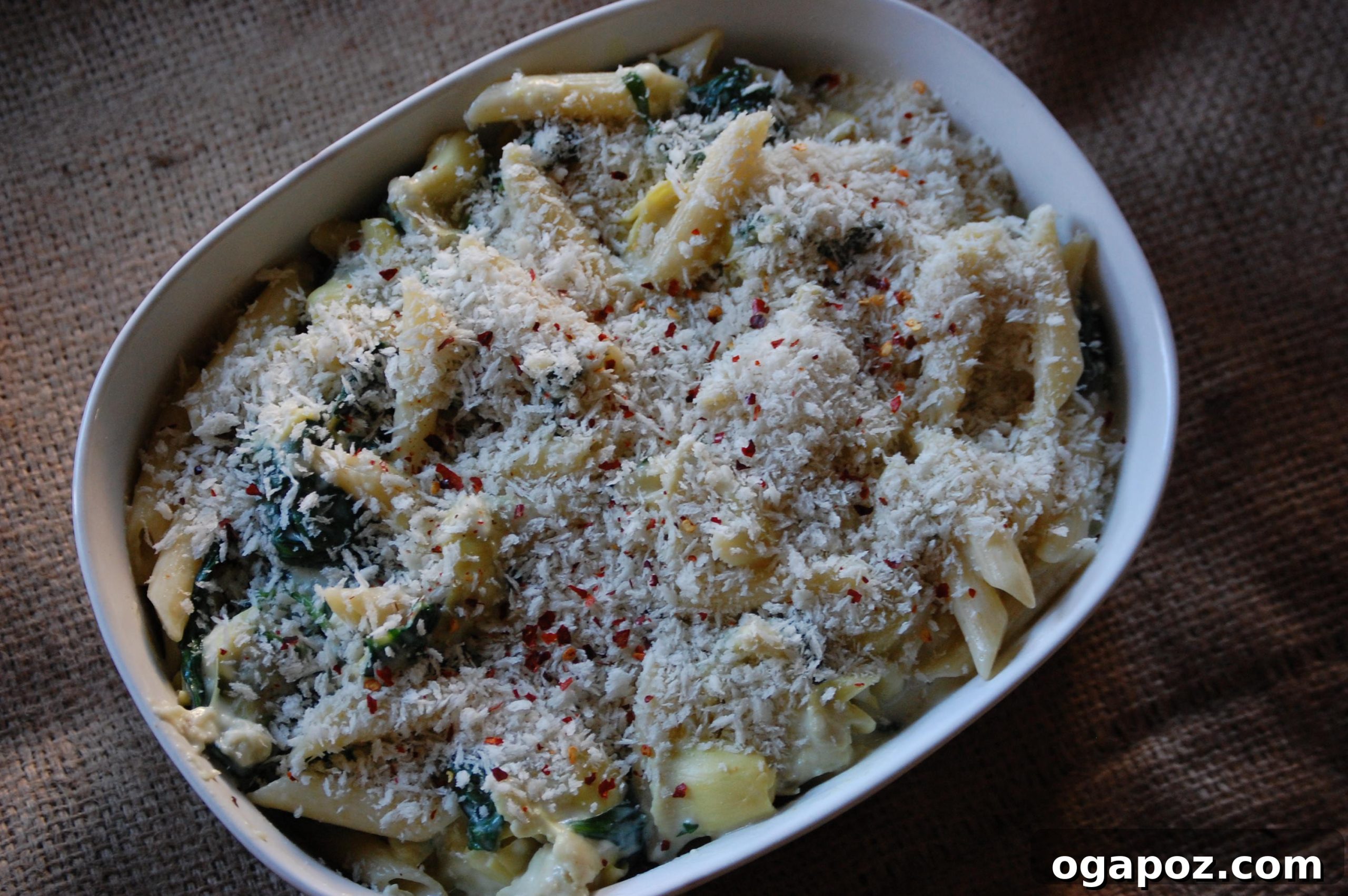 Creamy Spinach Artichoke Pasta with Crispy Panko 5 Bowl of spinach artichoke pasta with panko
