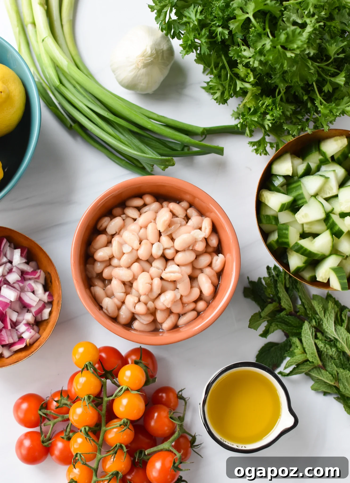 Sun-Drenched Mediterranean White Bean Salad 3 Mediterranean White Bean Salad ingredients. A flat lay of fresh vegetables, herbs, and canned white beans for a Mediterranean salad.