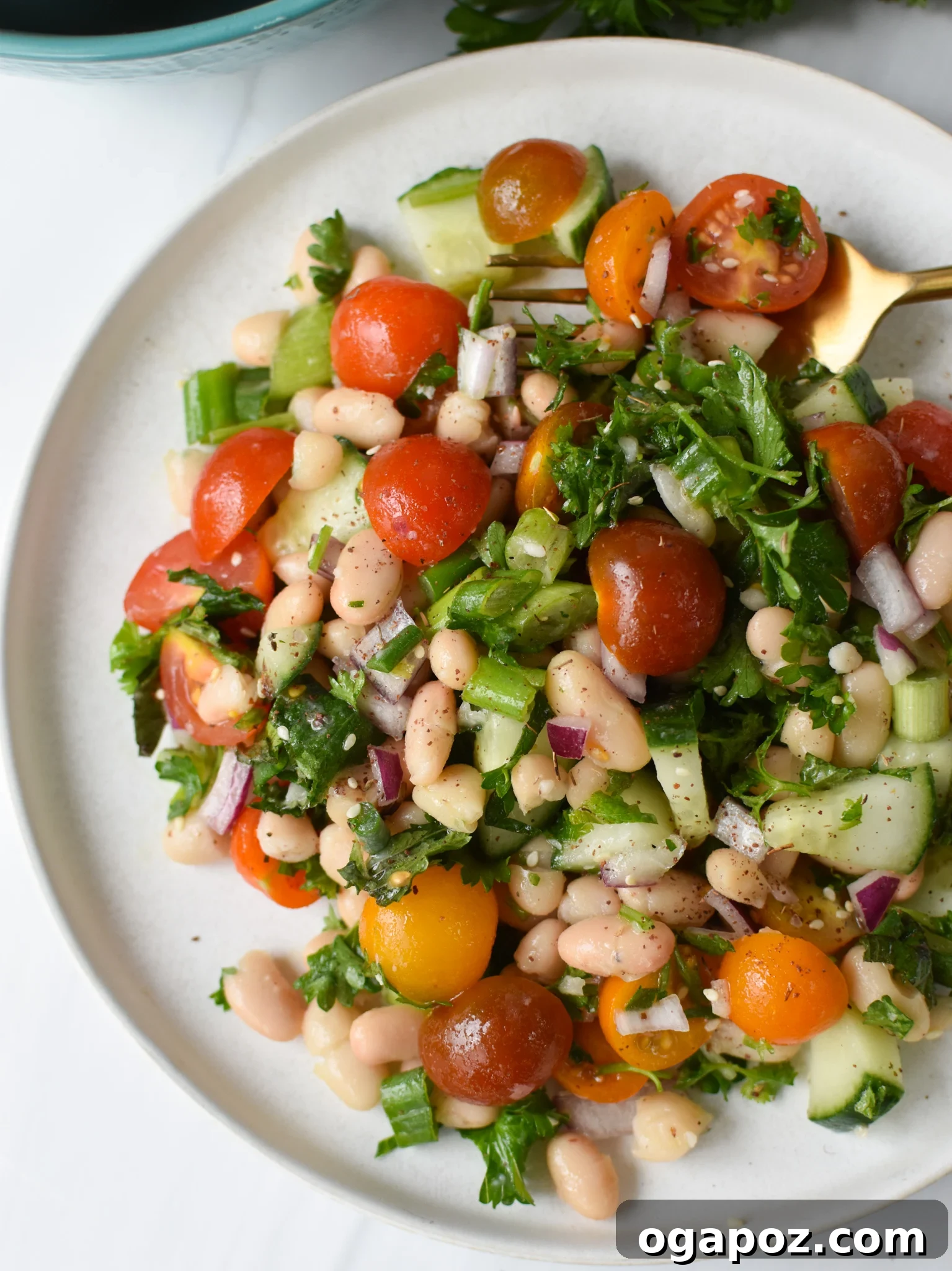 Sun-Drenched Mediterranean White Bean Salad 4 Mediterranean White Bean Salad on a white plate. A close-up view of the fresh and colorful salad.