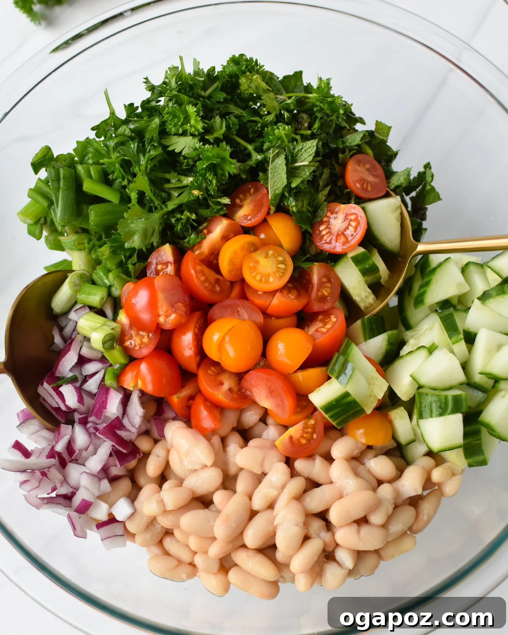 Sun-Drenched Mediterranean White Bean Salad 5 Mediterranean White Bean Salad in a clear bowl. A close-up shot showcasing the fresh ingredients.