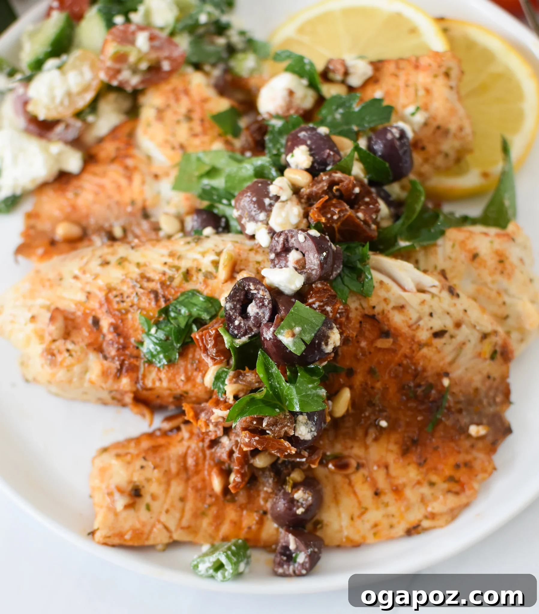Lemon Herb Greek Tilapia Bake 2 Greek Baked Tilapia with olive tapenade and fresh lemon slices.