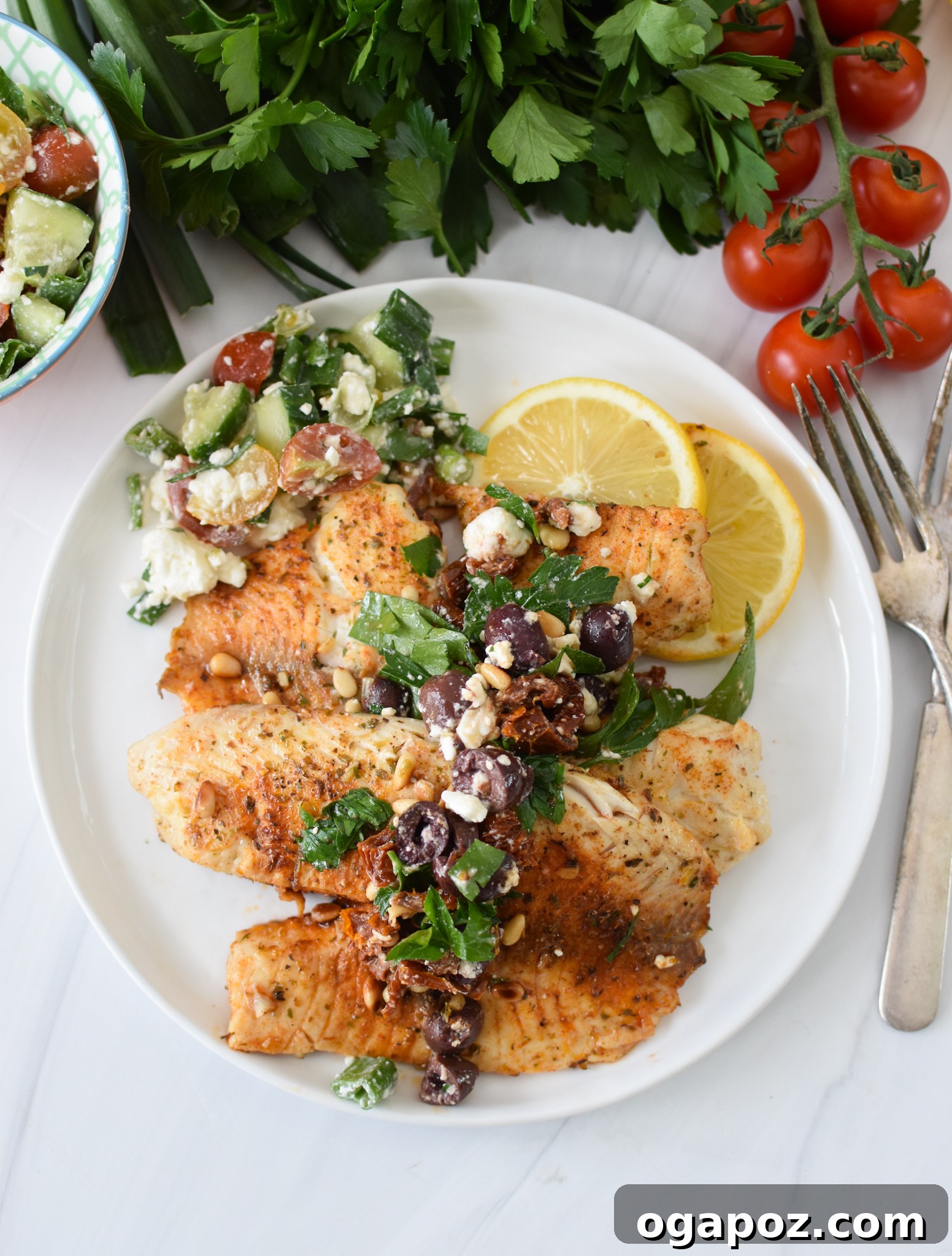 Lemon Herb Greek Tilapia Bake 8 Greek Baked Tilapia served with a fresh Mediterranean chopped salad and lemon wedges.