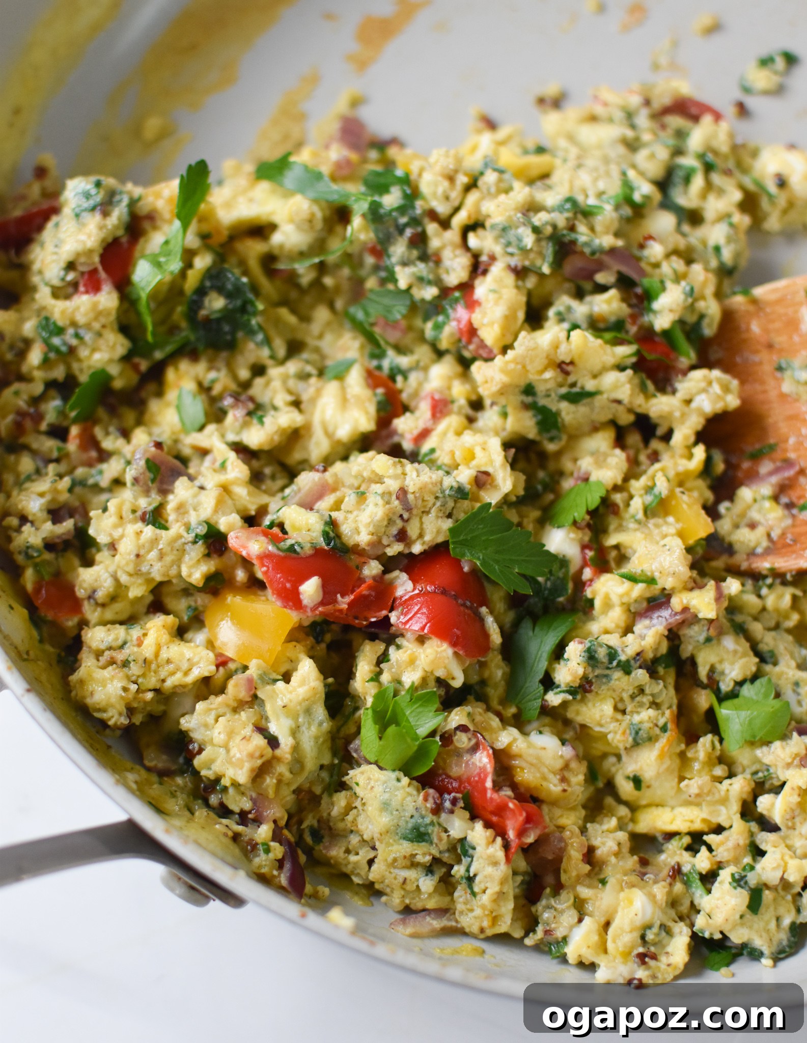 Mediterranean Egg Scramble in a skillet.