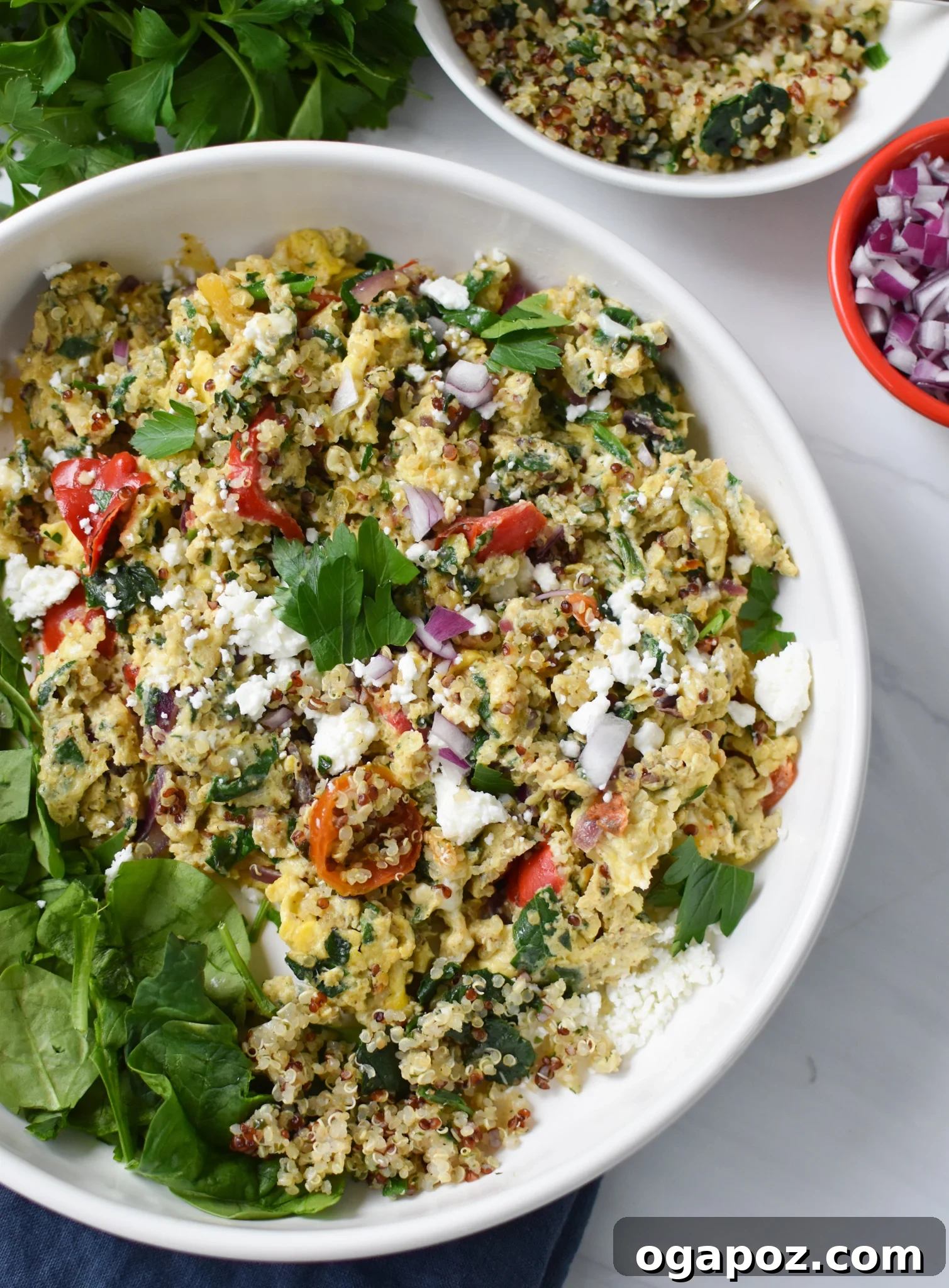 Mediterranean Egg Scramble in a white bowl.
