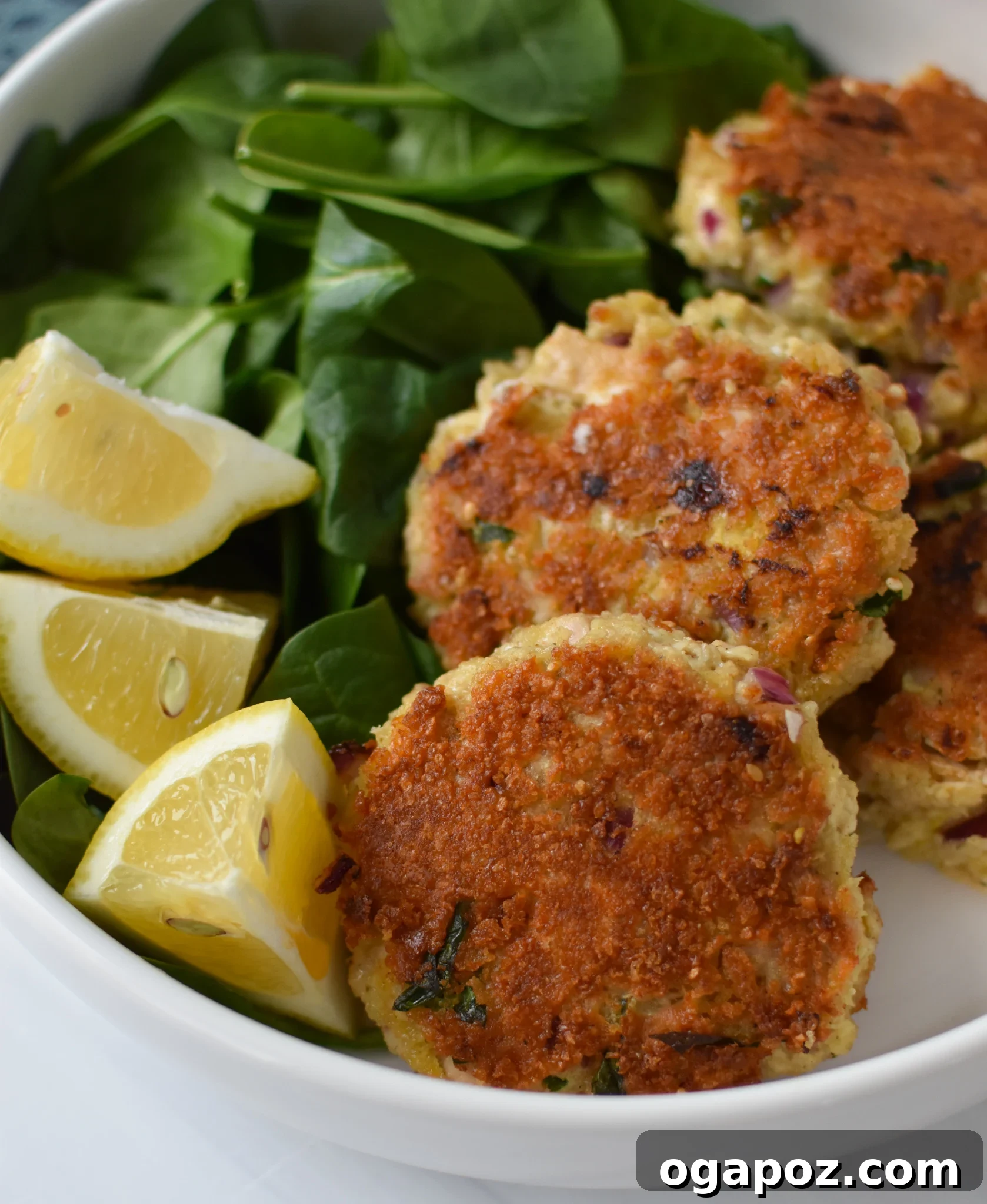 Zesty Mediterranean Tuna Fritters 2 Mediterranean Tuna Patties Recipe in a white bowl, garnished with fresh herbs.