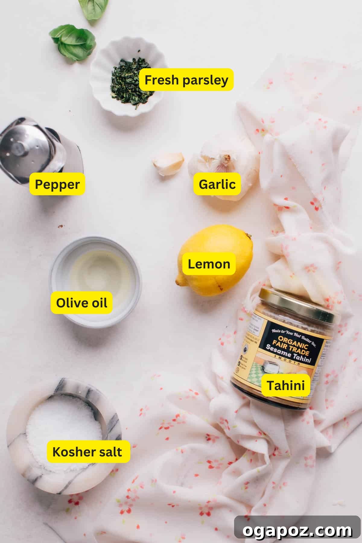 Fresh Lemon Herb Tahini Dressing Ingredients laid out.