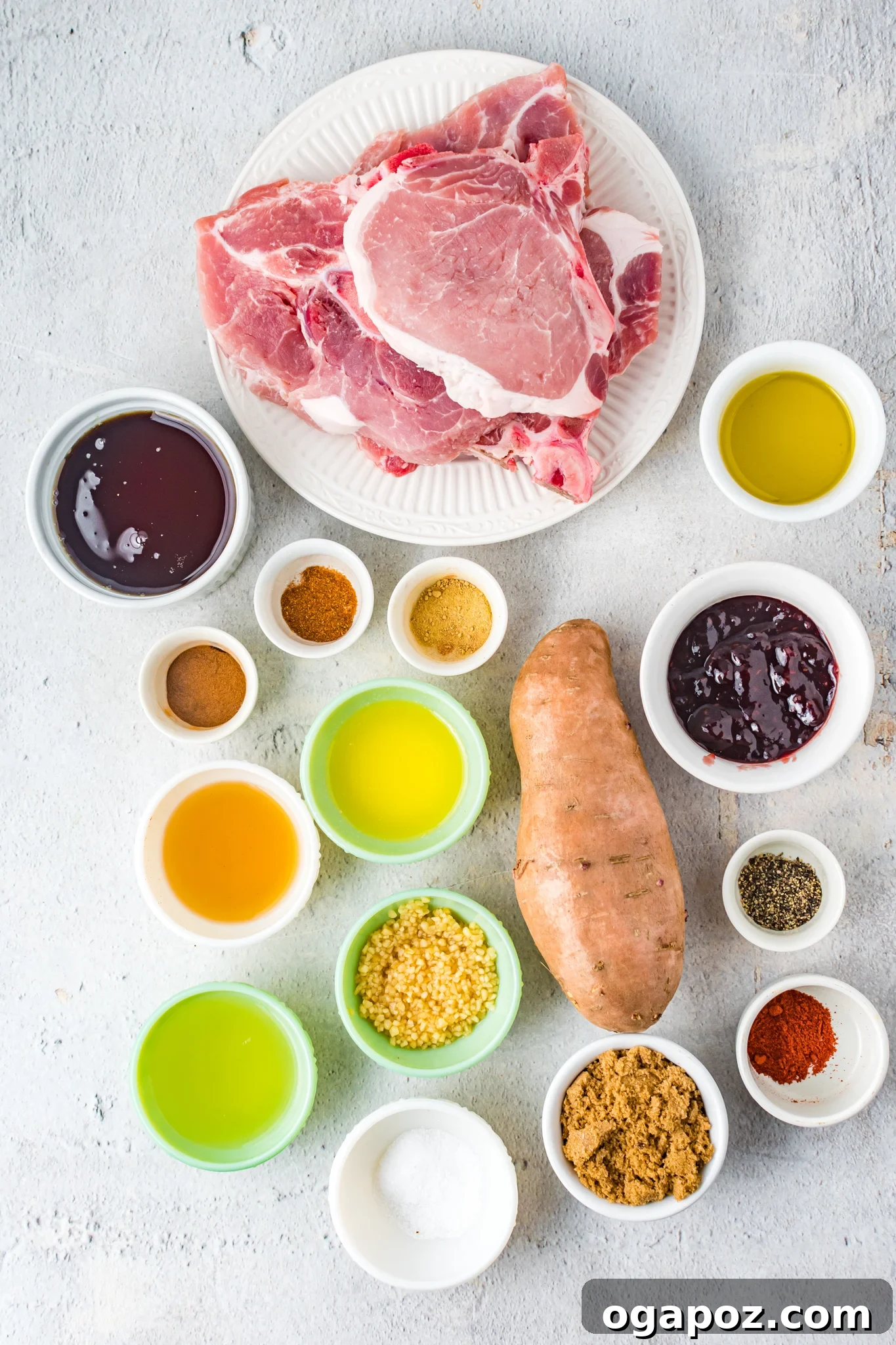 Ingredients for Maple Bourbon Pork Chops Recipe laid out on a table.