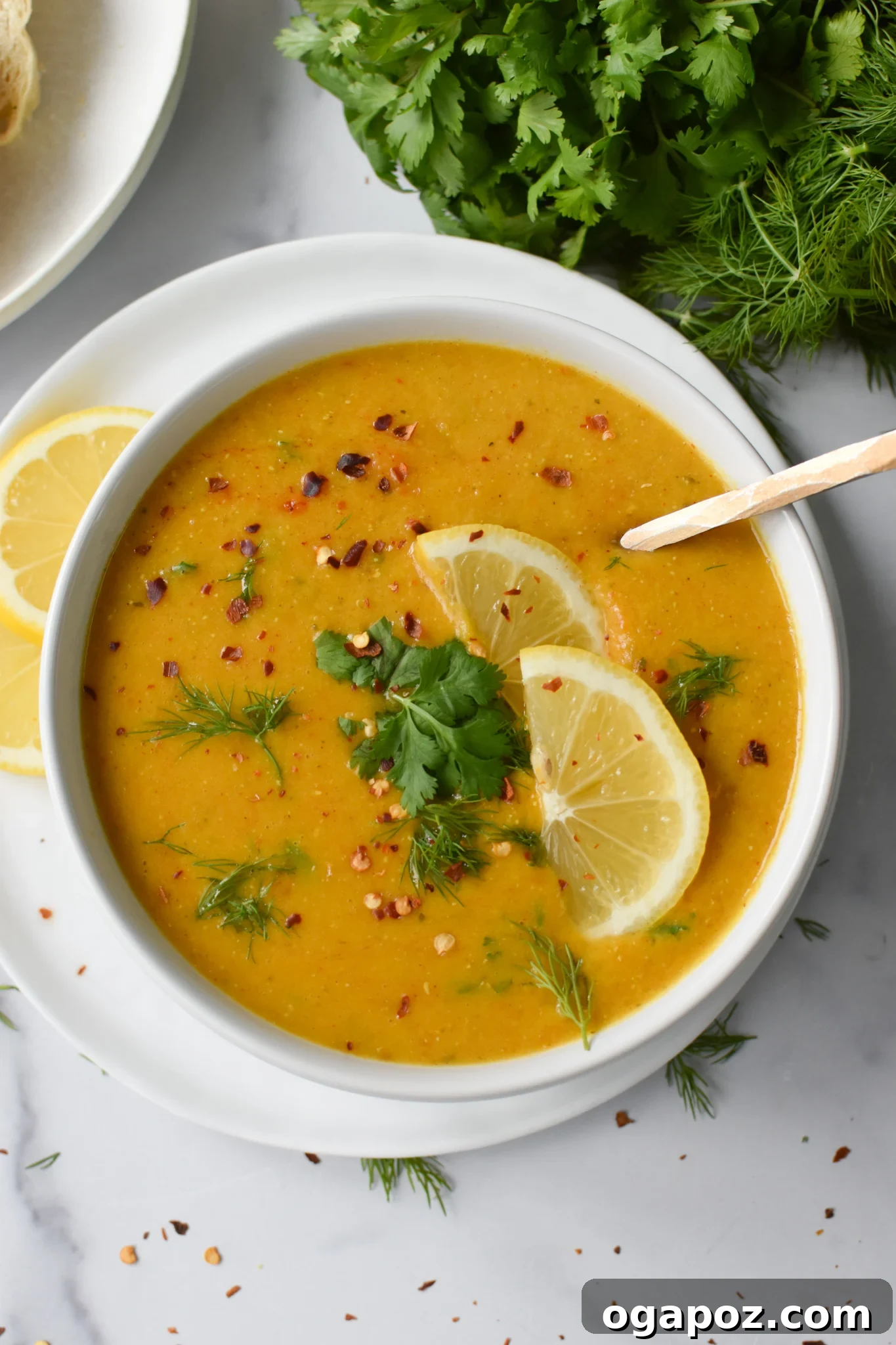 Bright and Zesty Lentil Soup 5 A spoonful of warm Lemon Lentil Soup being lifted from a bowl, highlighting its rich color and inviting texture, with steam gently rising.