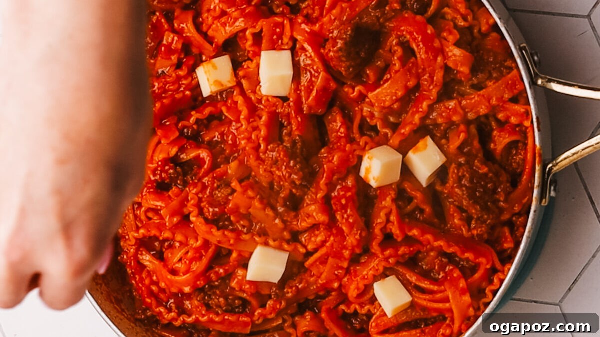 Sauce-Simmered Pasta Feast 11 One pot pasta finished with melted mozzarella cheese cubes.