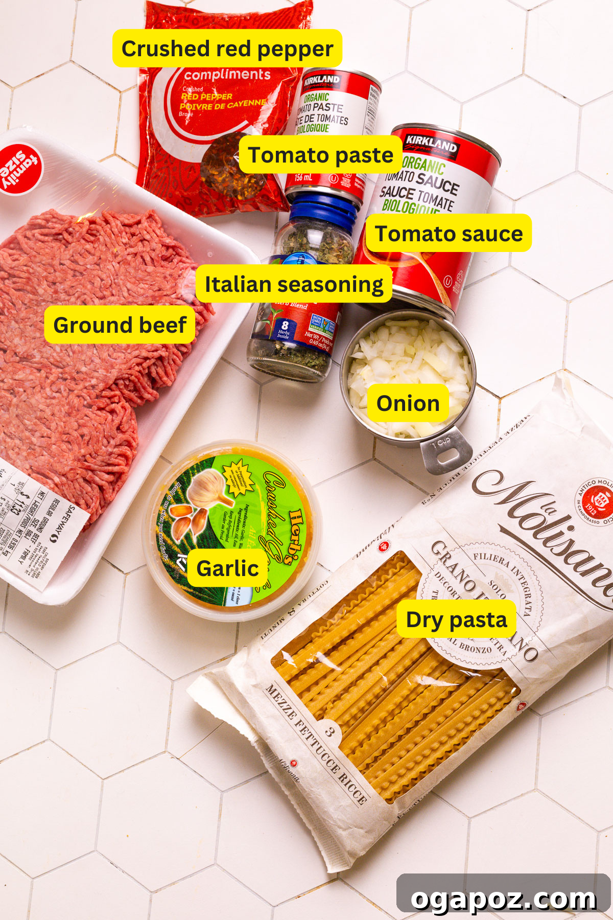 Sauce-Simmered Pasta Feast 3 A flat lay of fresh ingredients for One Pot Pasta, including ground beef, pasta, tomatoes, onion, garlic, and spices.