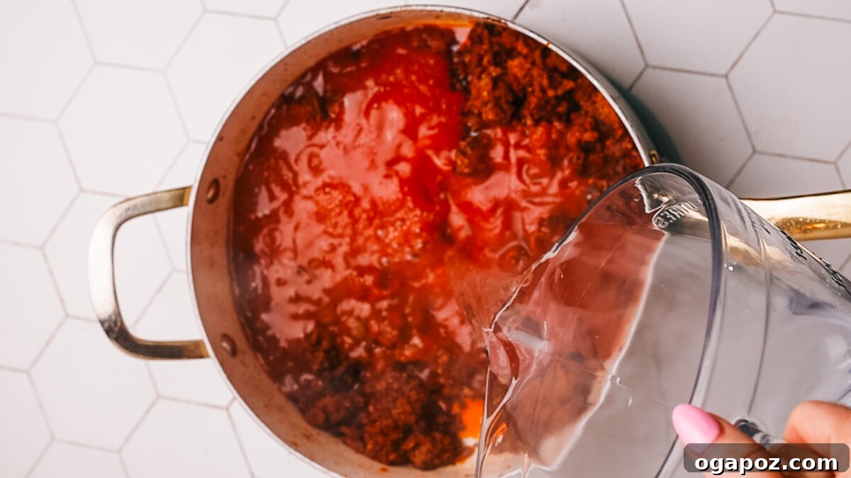 Sauce-Simmered Pasta Feast 9 Pouring water into the pot with the beef and tomato mixture.