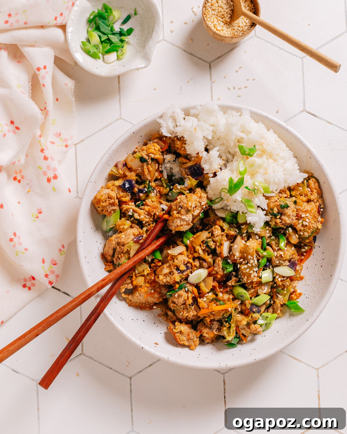 15 Minute Savory Egg Roll Bowl 11 Egg roll in a bowl with chopsticks.