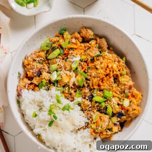 Egg roll in a bowl recipe served with rice.