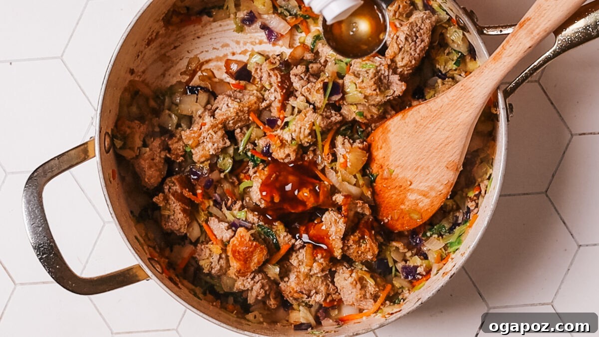 15 Minute Savory Egg Roll Bowl 9 adding sauces