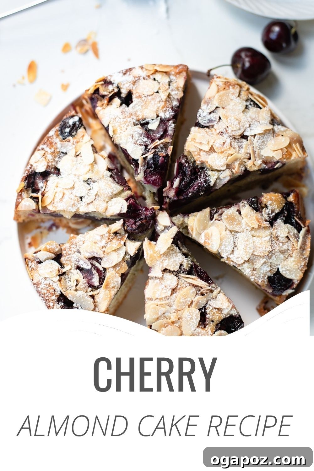 Decadent Cherry Almond Cake 8 Fresh Cherry Almond Cake with a branded logo, emphasizing the deliciousness of the homemade treat.