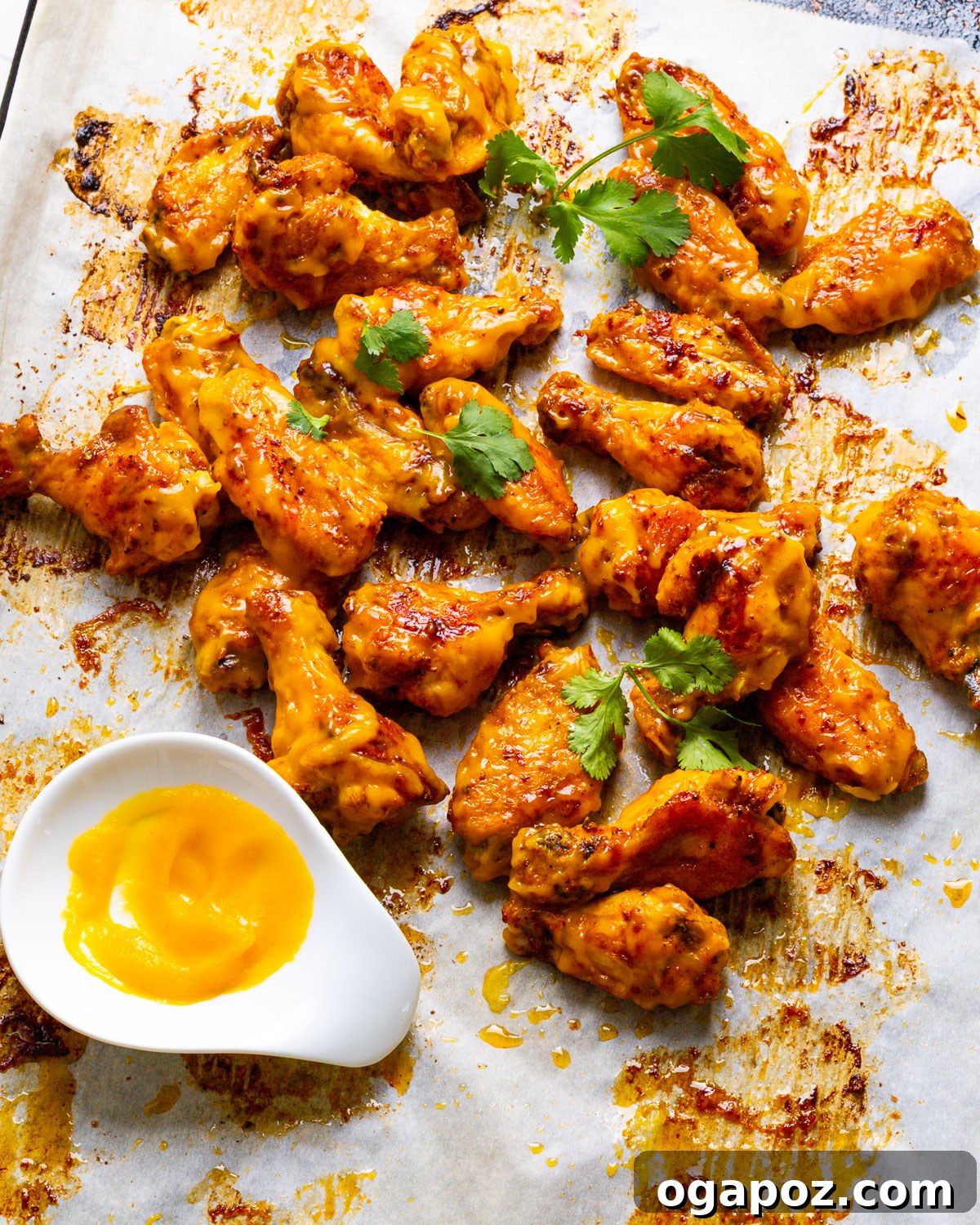 Mango Blaze Wings 7 Plate of Mango Habanero Wings with extra sauce and garnish