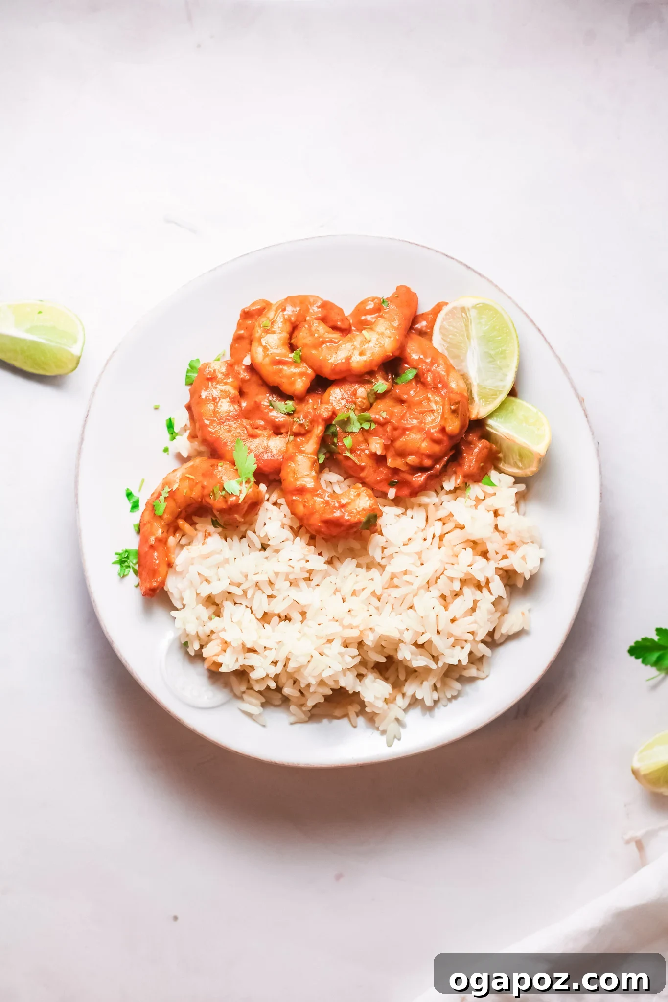 Effortless Shrimp Curry 3 A bowl of Easy Shrimp Curry Recipe served with white rice and fresh cilantro