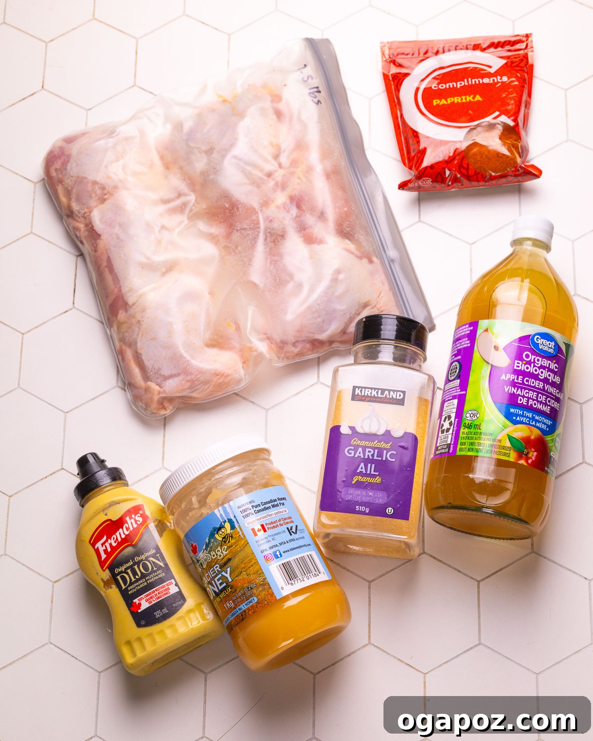 Honey Mustard Glazed Chicken 3 Ingredients for Honey Mustard Chicken, including chicken thighs, mustard, honey, and spices.