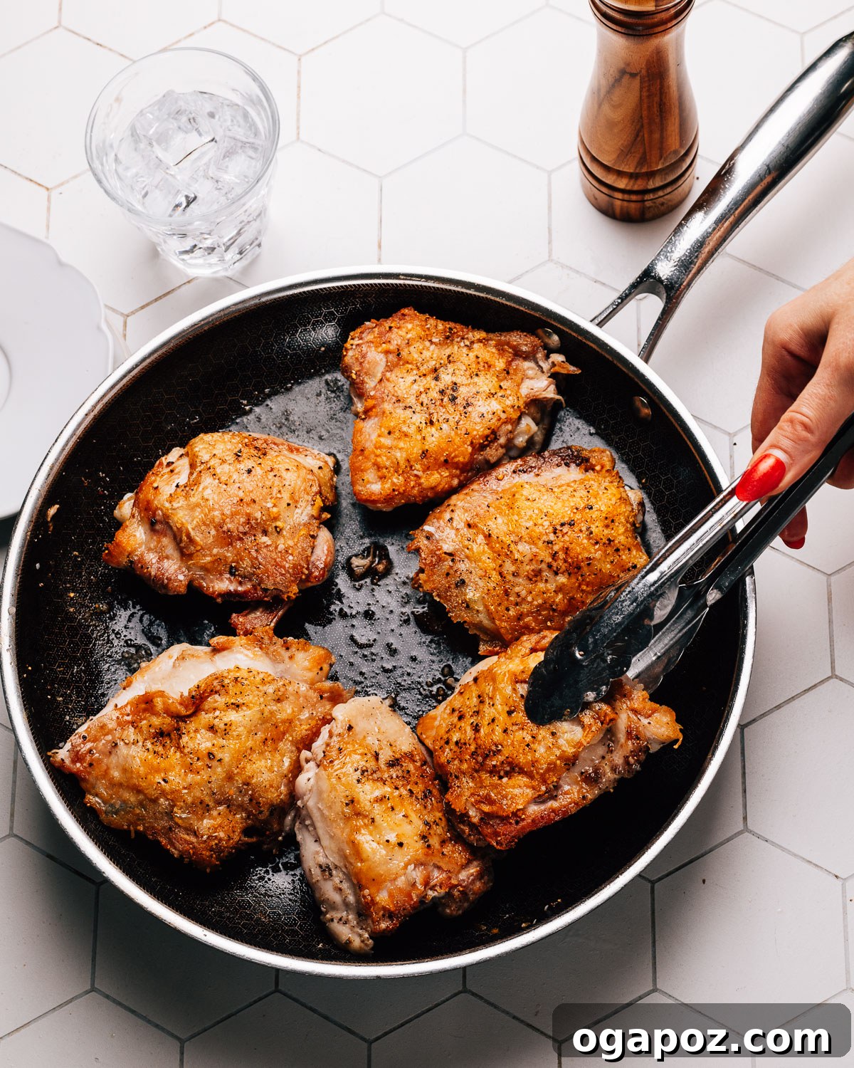 Honey Mustard Glazed Chicken 5 Step 2: Searing chicken thighs skin-side down in a hot skillet.
