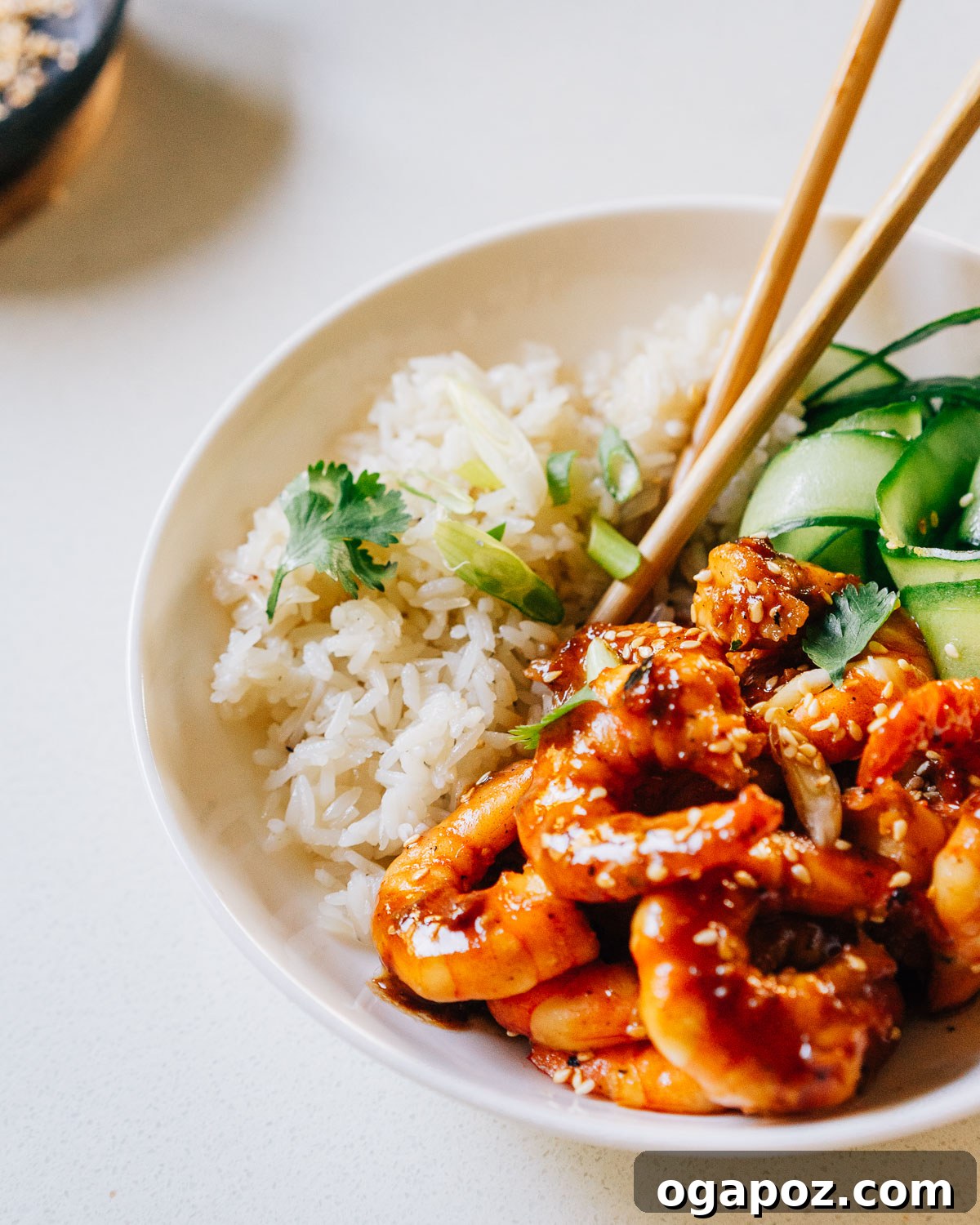Sticky Teriyaki Shrimp 2 Delicious Teriyaki Shrimp served in a bowl with fluffy white rice, garnished with green onions and sesame seeds.
