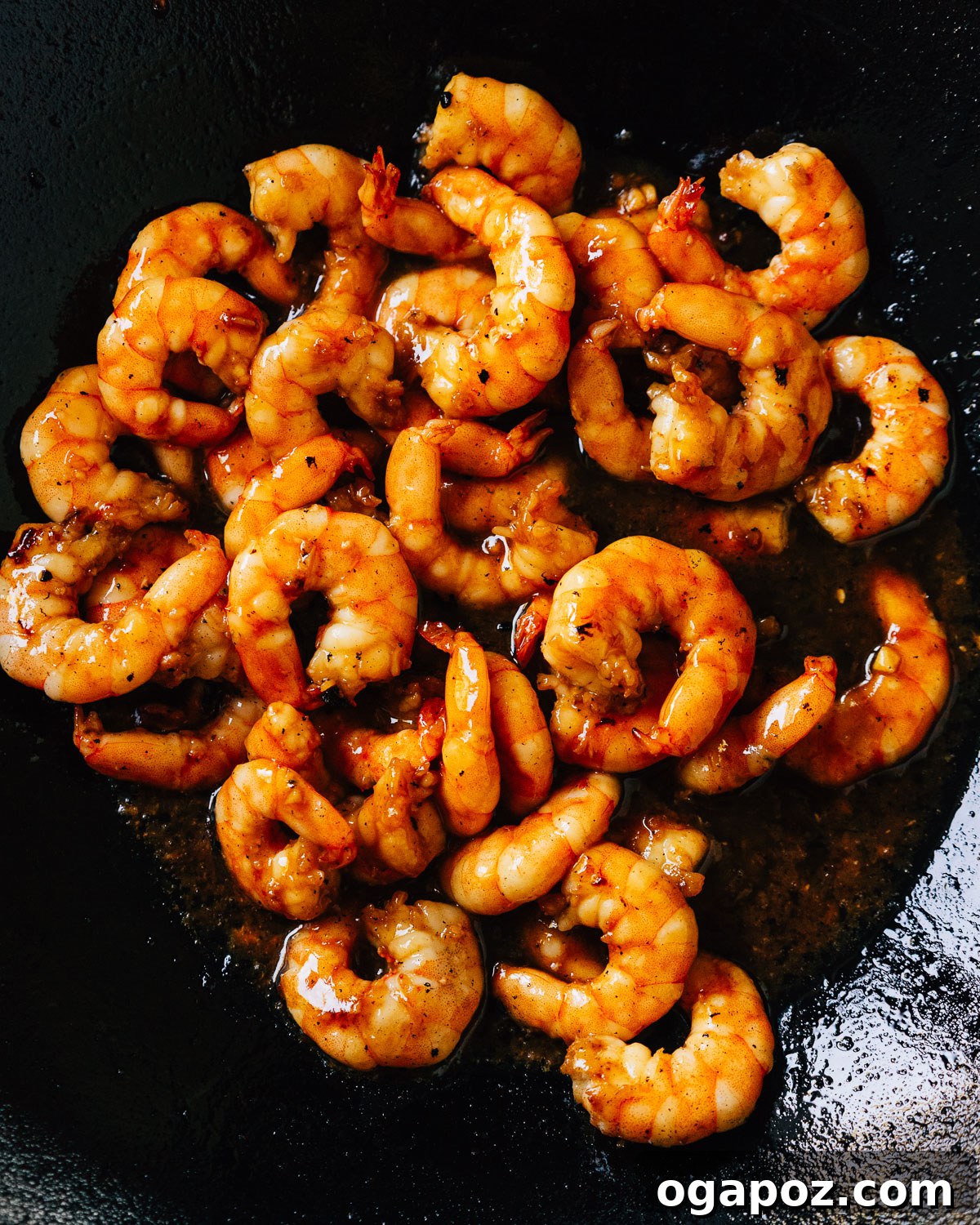 Sticky Teriyaki Shrimp 6 Step 3: Teriyaki Shrimp searing in a hot skillet, developing a beautiful color.