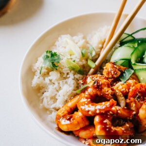 Shrimp teriyaki in a bowl with rice, garnished with green onions.