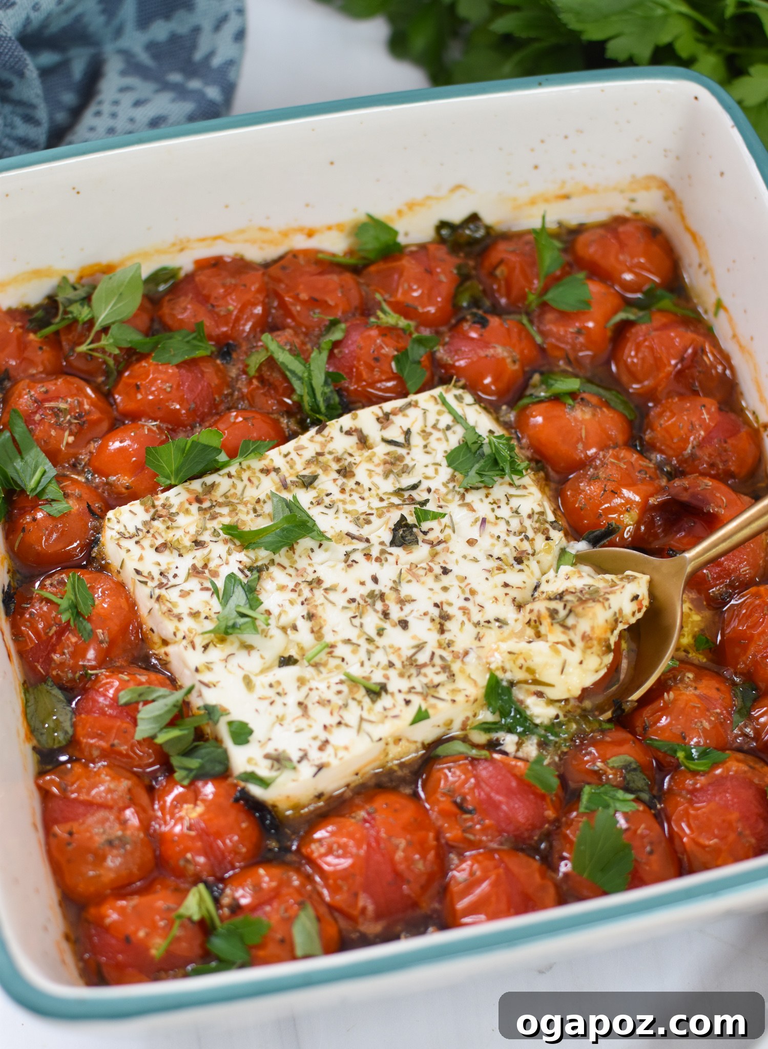 Your New Favorite Baked Feta 4 Easy Baked Feta Recipe with golden serving spoon.