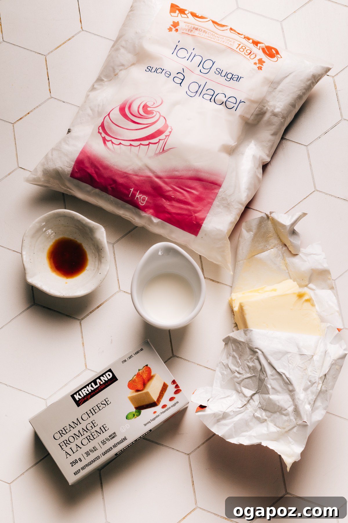 Perfect Cream Cheese Frosting 3 Ingredients for the best cream cheese icing recipe laid out on a surface.