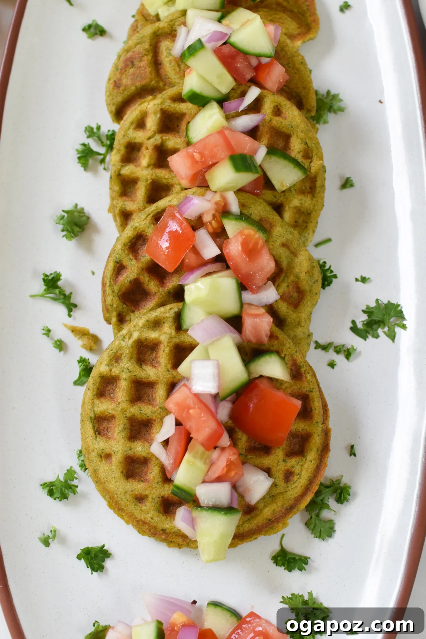 Waffled Falafel 4 A beautifully arranged platter of Falafel Waffles, golden brown and perfectly cooked, ready to be served.