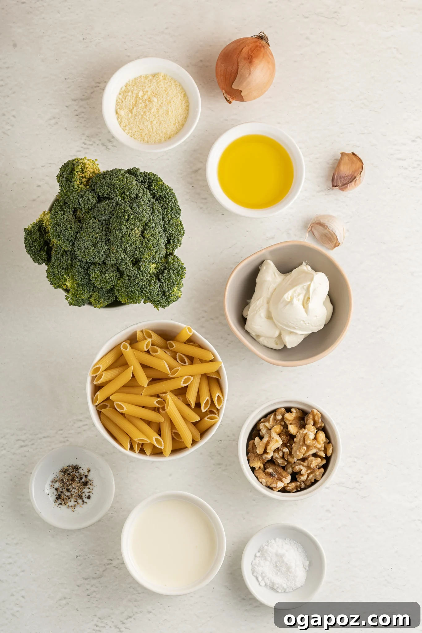 Velvety Creamy Broccoli Pasta 3 Fresh ingredients laid out for Creamy Broccoli Pasta Recipe preparation.