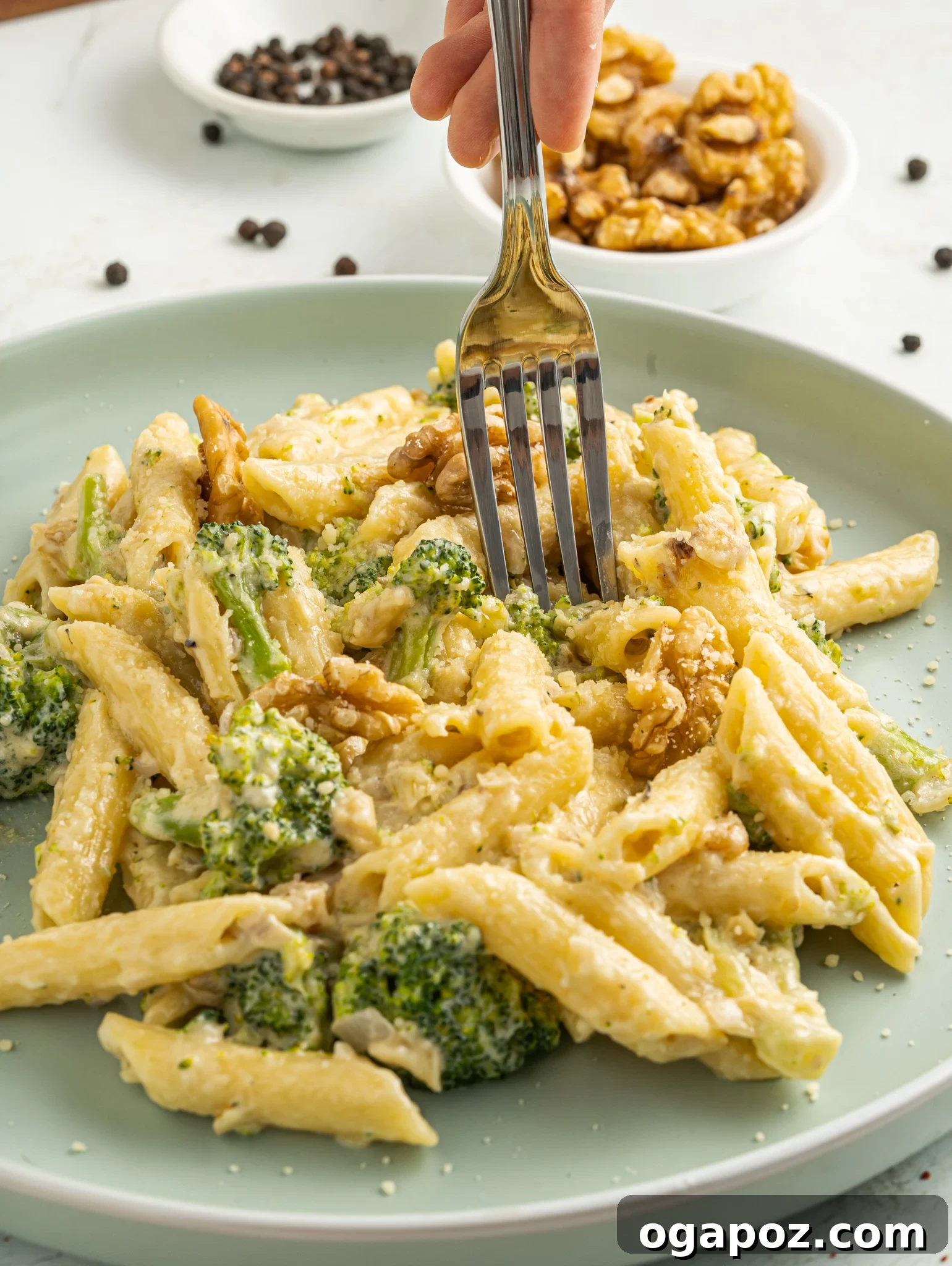 Velvety Creamy Broccoli Pasta 5 A close-up of Creamy Broccoli Pasta with a fork, showing the creamy sauce and walnuts.