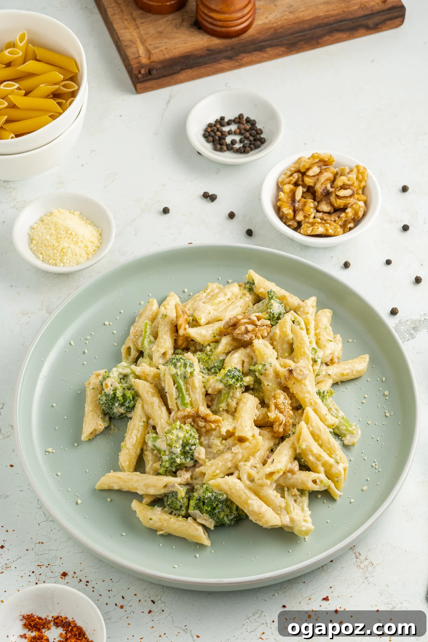 Velvety Creamy Broccoli Pasta 8 A plate of Creamy Broccoli Pasta, showing the texture and creamy sauce.