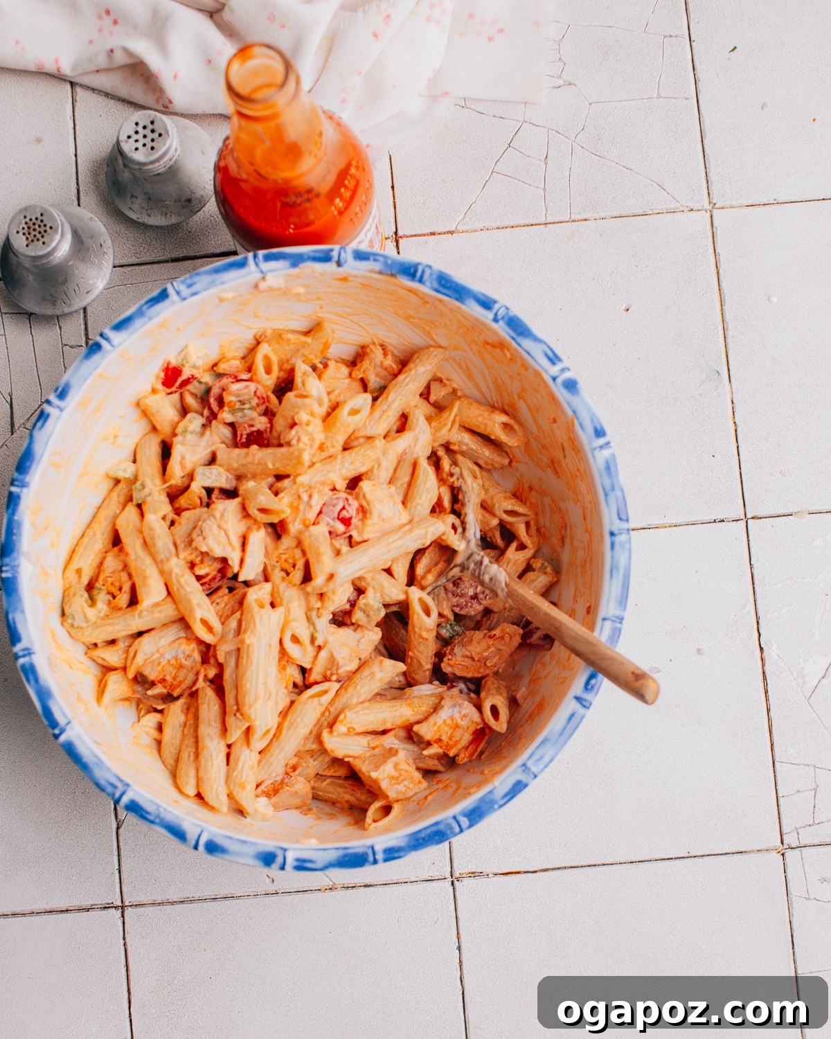Finished Buffalo Chicken Pasta Salad in a serving bowl.