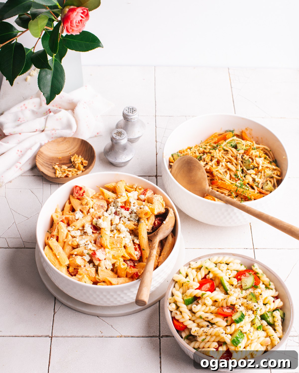 Close-up of Buffalo Chicken Pasta Salad, showing texture and ingredients.