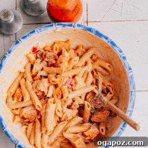 Buffalo Chicken Pasta Salad recipe in a bowl.