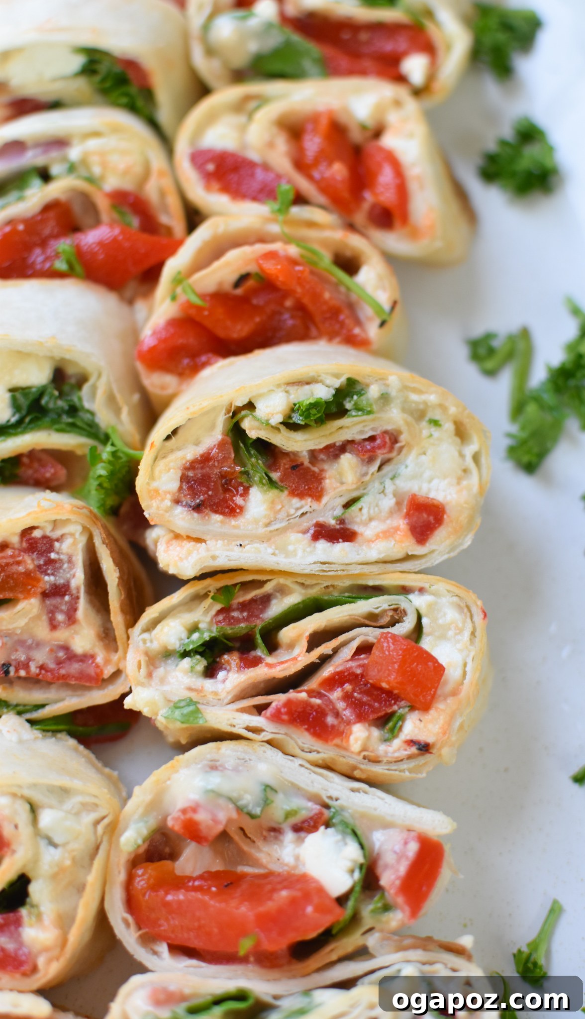 An inviting platter of Mediterranean Pinwheels, perfectly cut and arranged on a white serving dish, ready for guests.