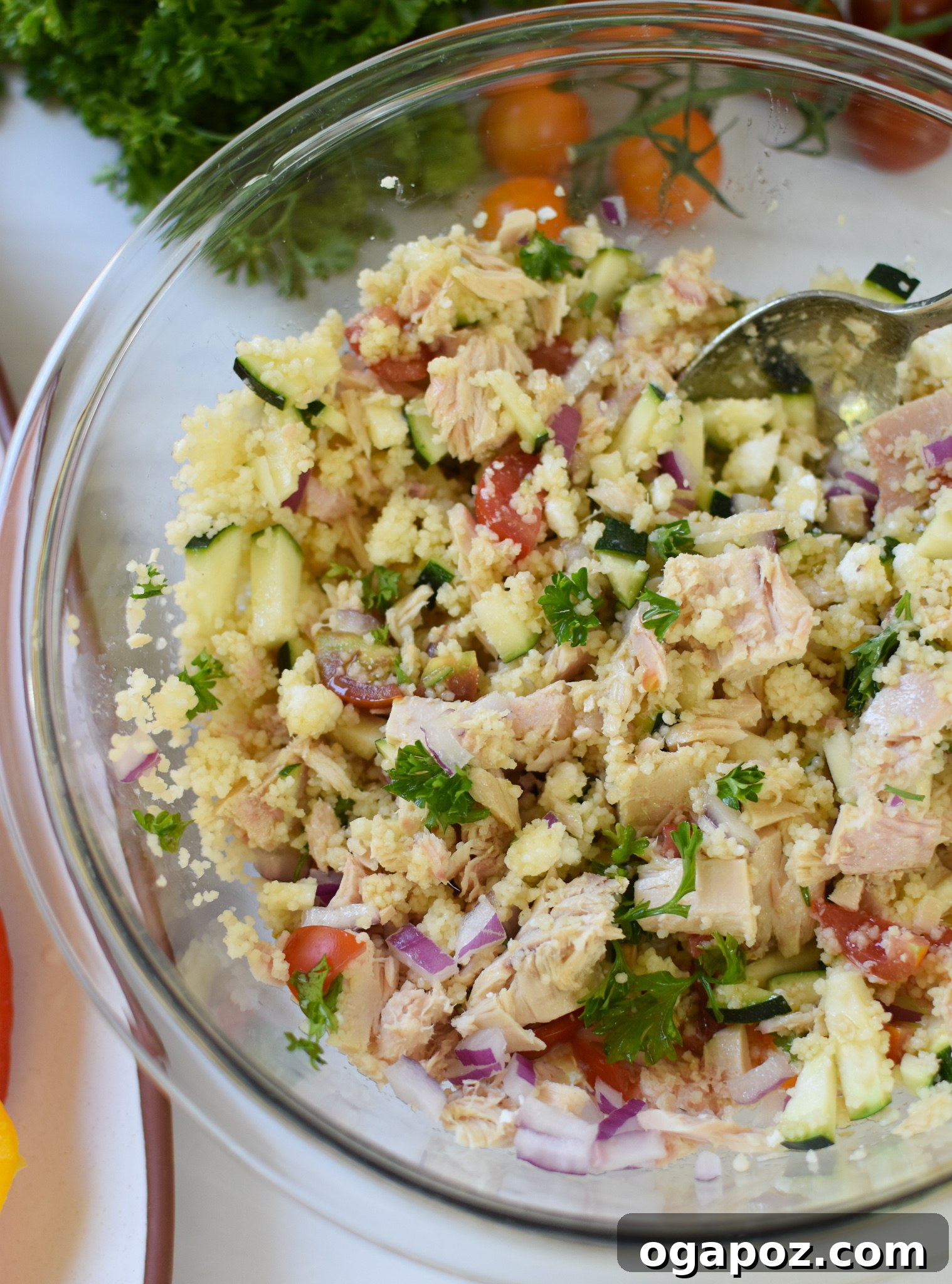 Sun-Kissed Mediterranean Tuna Couscous Peppers 6 A bowl filled with the prepared Mediterranean tuna and couscous stuffing, ready to fill the peppers.