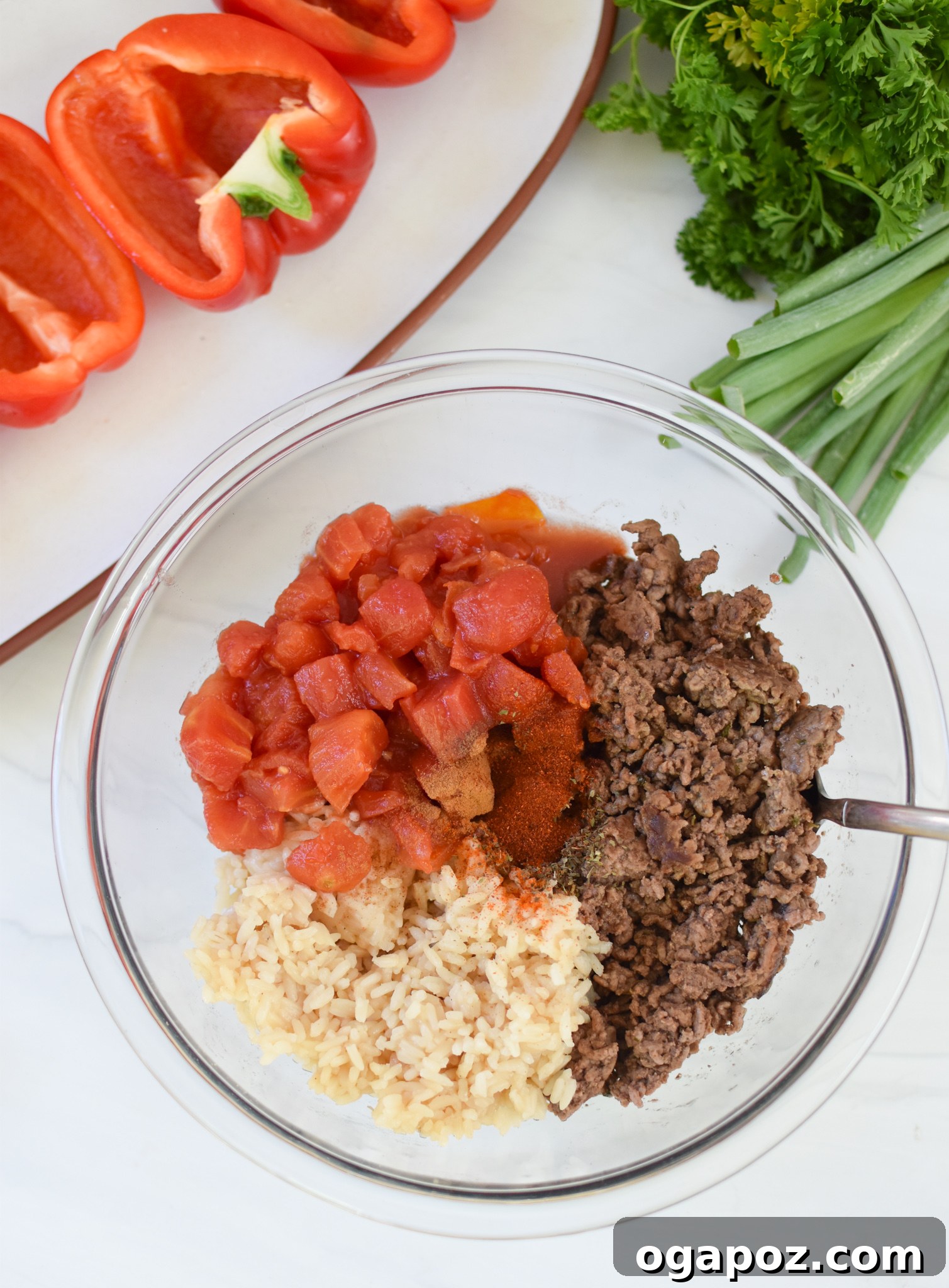 Mediterranean Beef Filled Bell Peppers 9 Mediterranean Ground Beef Stuffed Peppers stuffing in a bowl.