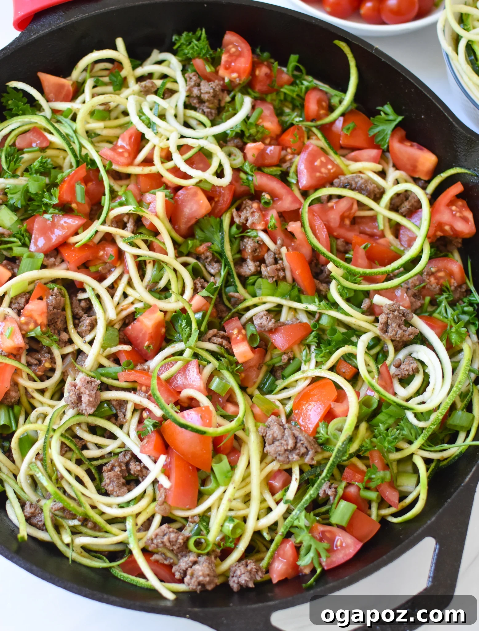 Vibrant Mediterranean Beef and Zucchini Skillet 10 Ground Beef Zucchini Skillet with close-up of zucchini noodles.