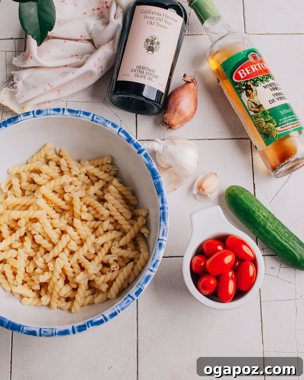 Zesty Italian Pasta Salad 3 Fresh ingredients laid out for Pasta Salad with Italian Dressing.