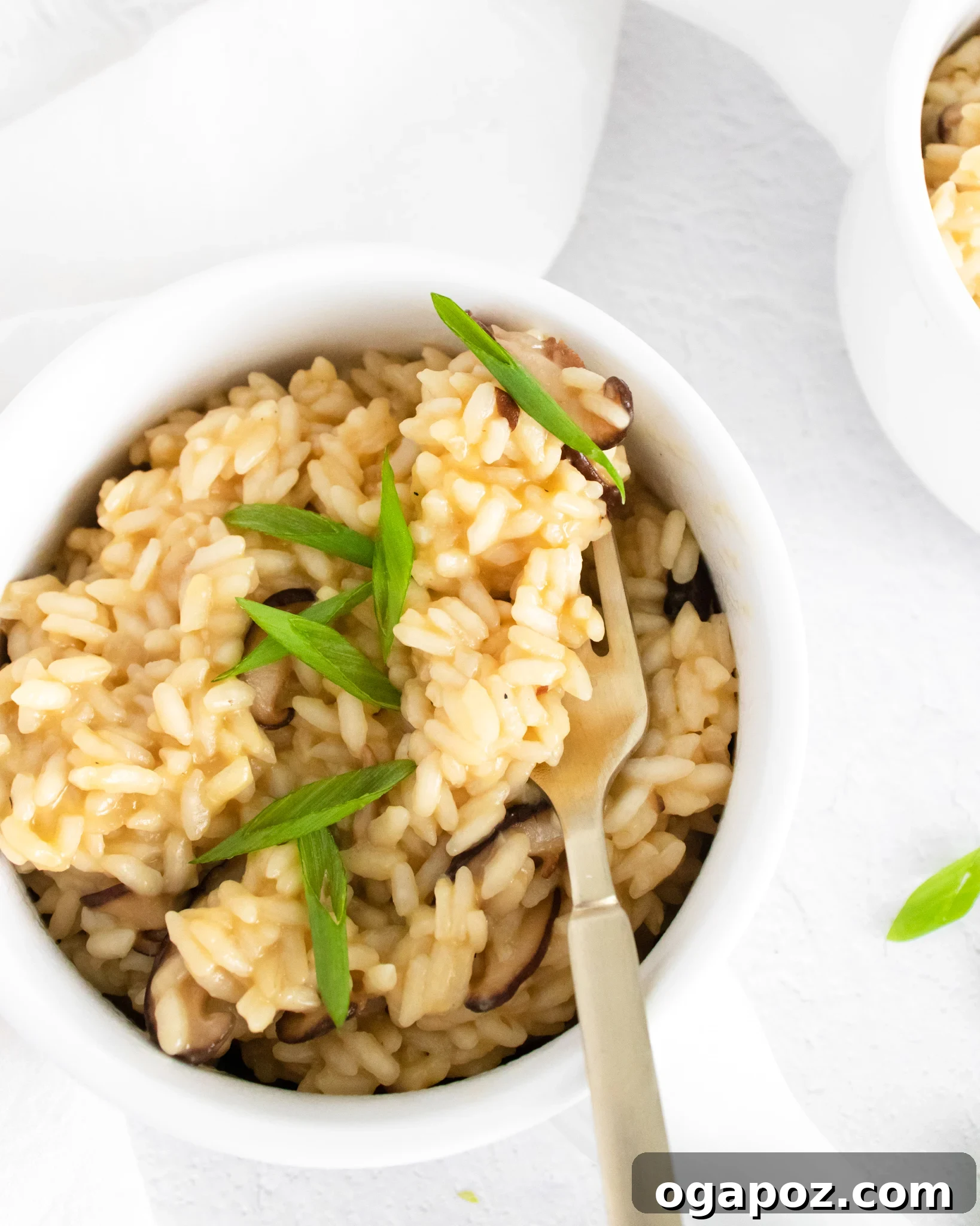Creamy Instant Pot Mushroom Risotto 2 A bowl of creamy Instant Pot Mushroom Risotto, garnished with fresh parsley.