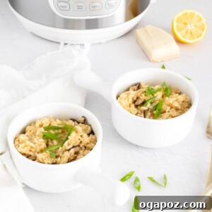 Creamy Instant Pot Mushroom Risotto 10 Instant Pot Mushroom Risotto in white bowls.
