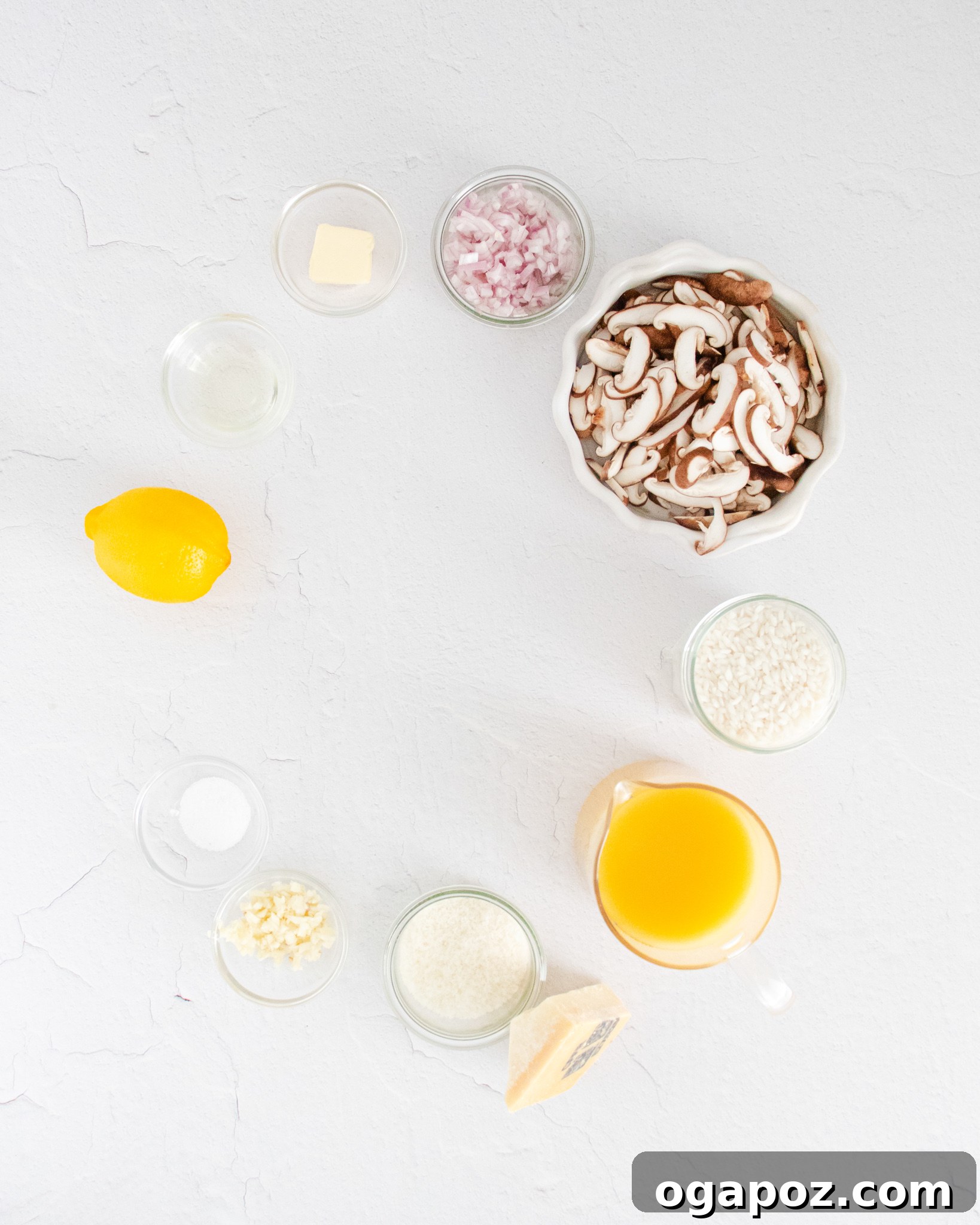 Creamy Instant Pot Mushroom Risotto 3 Ingredients for Instant Pot Mushroom Risotto laid out on a wooden board.