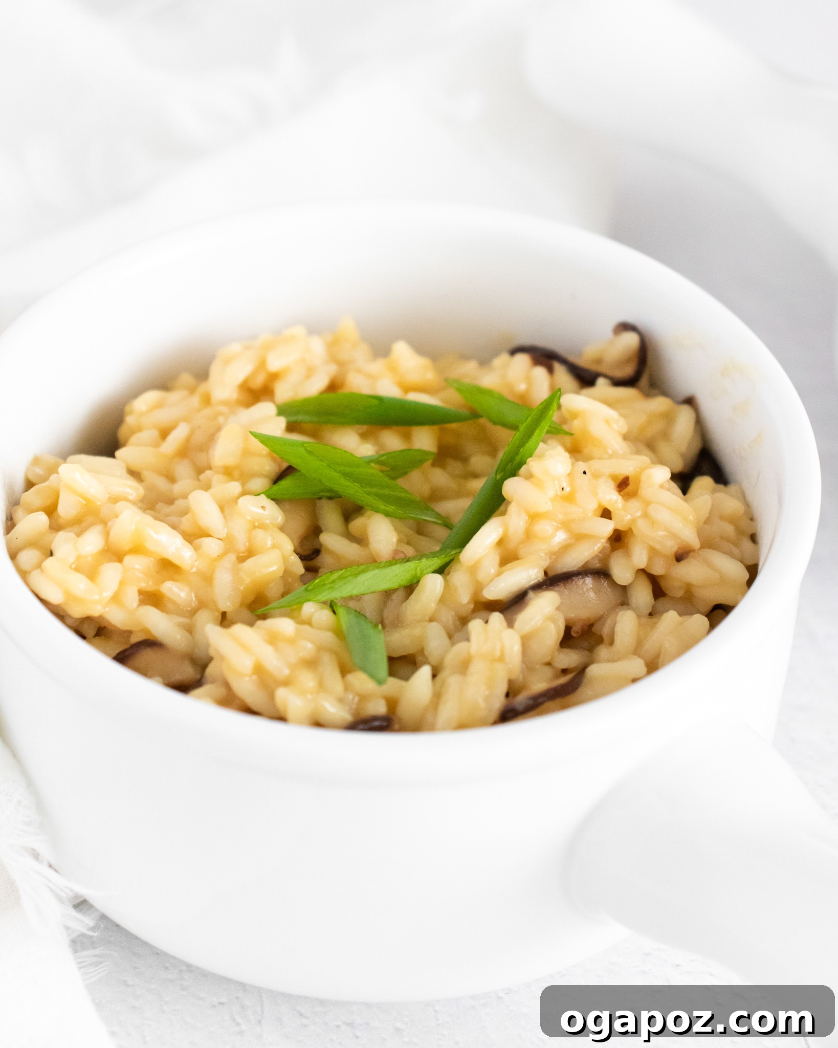 Creamy Instant Pot Mushroom Risotto 4 Instant Pot Mushroom Risotto garnished with fresh green onions and lemon wedges.