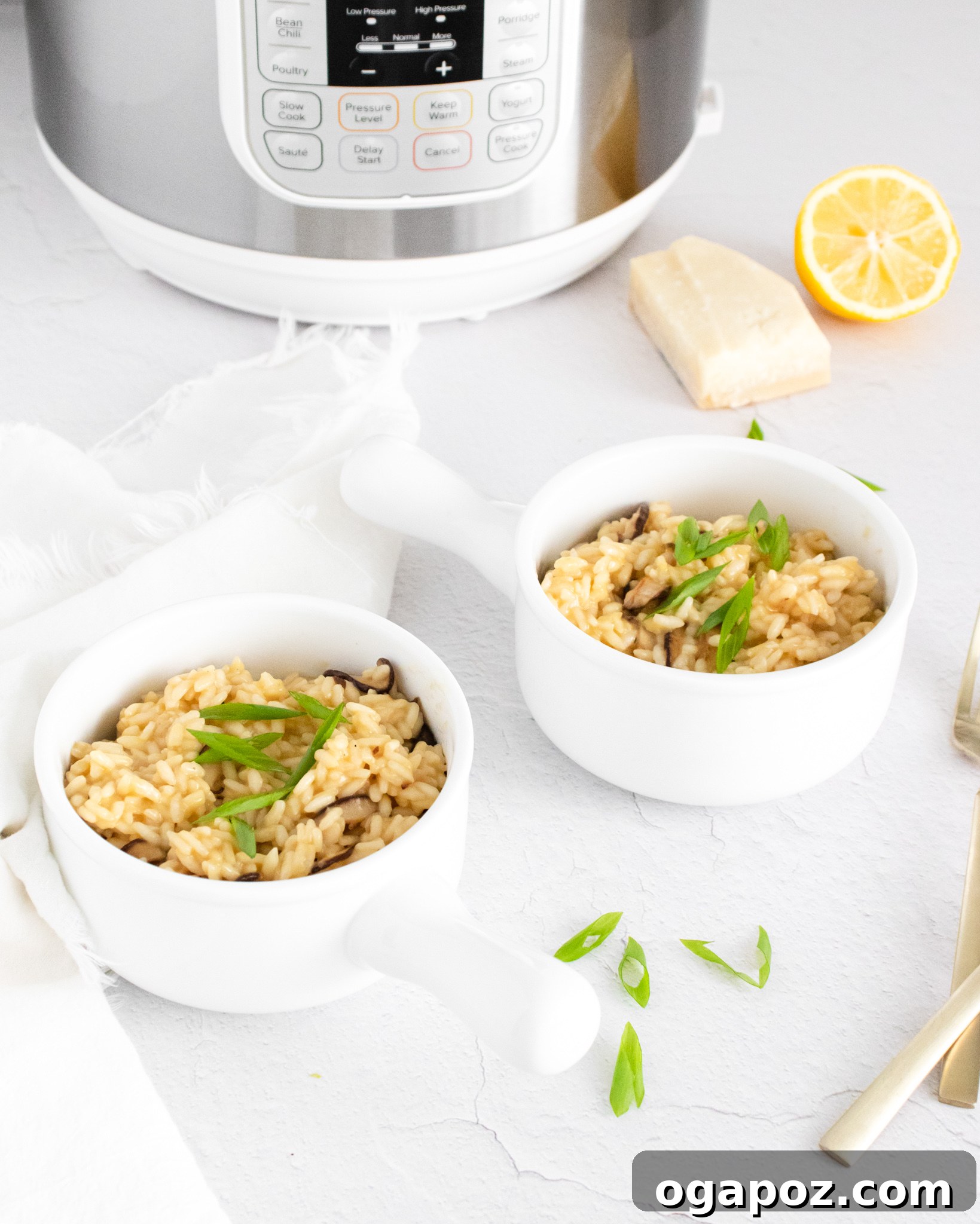 Creamy Instant Pot Mushroom Risotto 8 Two bowls of creamy Instant Pot Mushroom Risotto ready to be served.