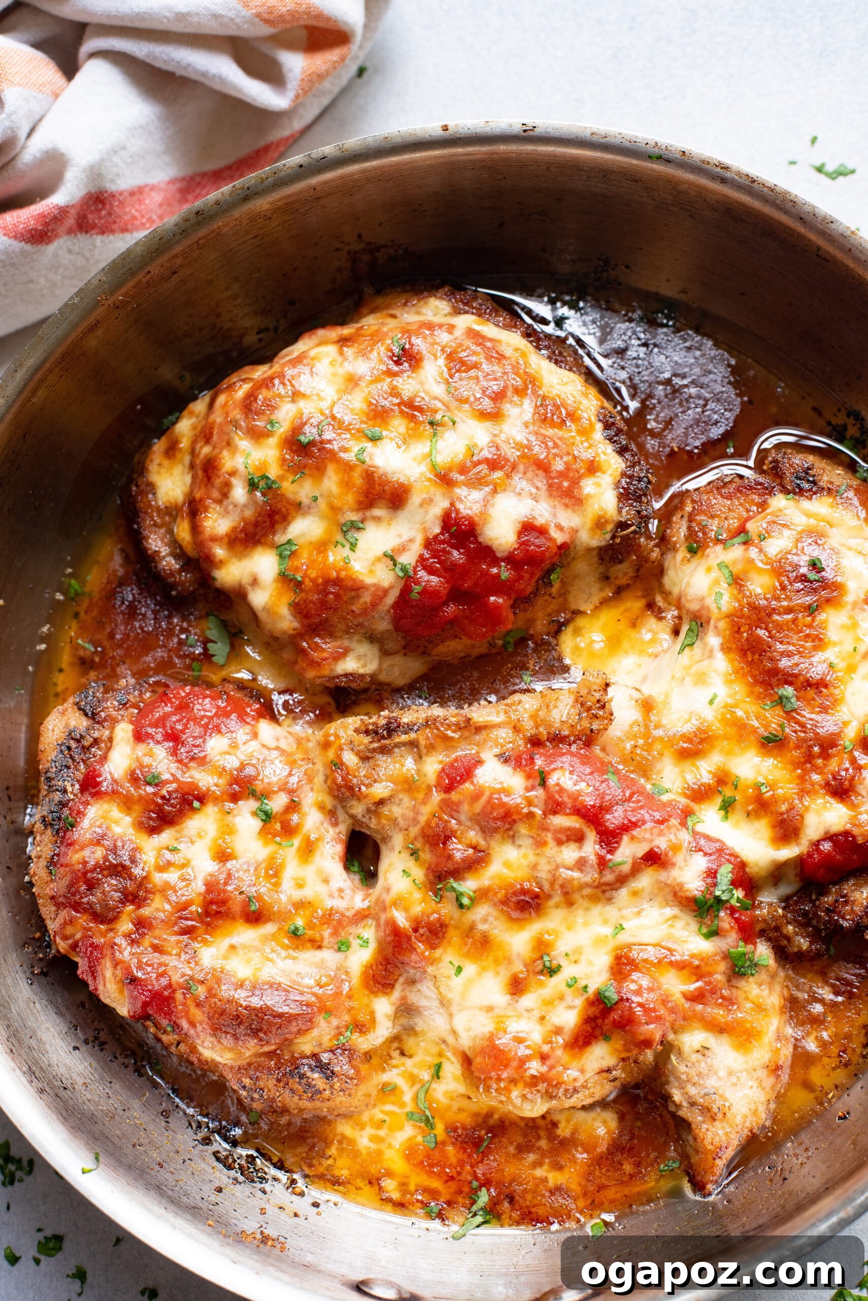 Crispy Parmesan Pork Chops 9 Close-up of baked Parmesan Crusted Pork Chops, showing melted cheese and sauce, ready to serve.