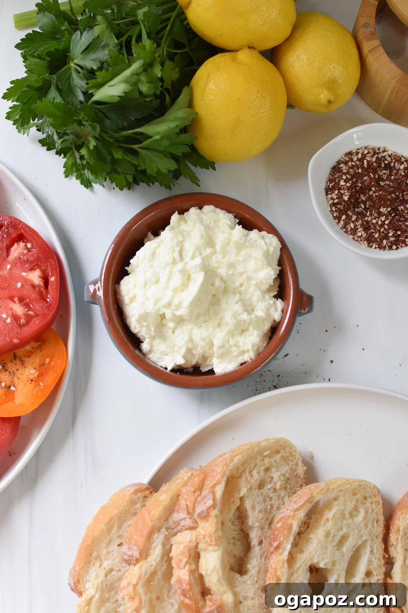 Heirloom Tomato Toast with Fluffy Feta 3 Tomato Toast with Whipped Feta ingredients.