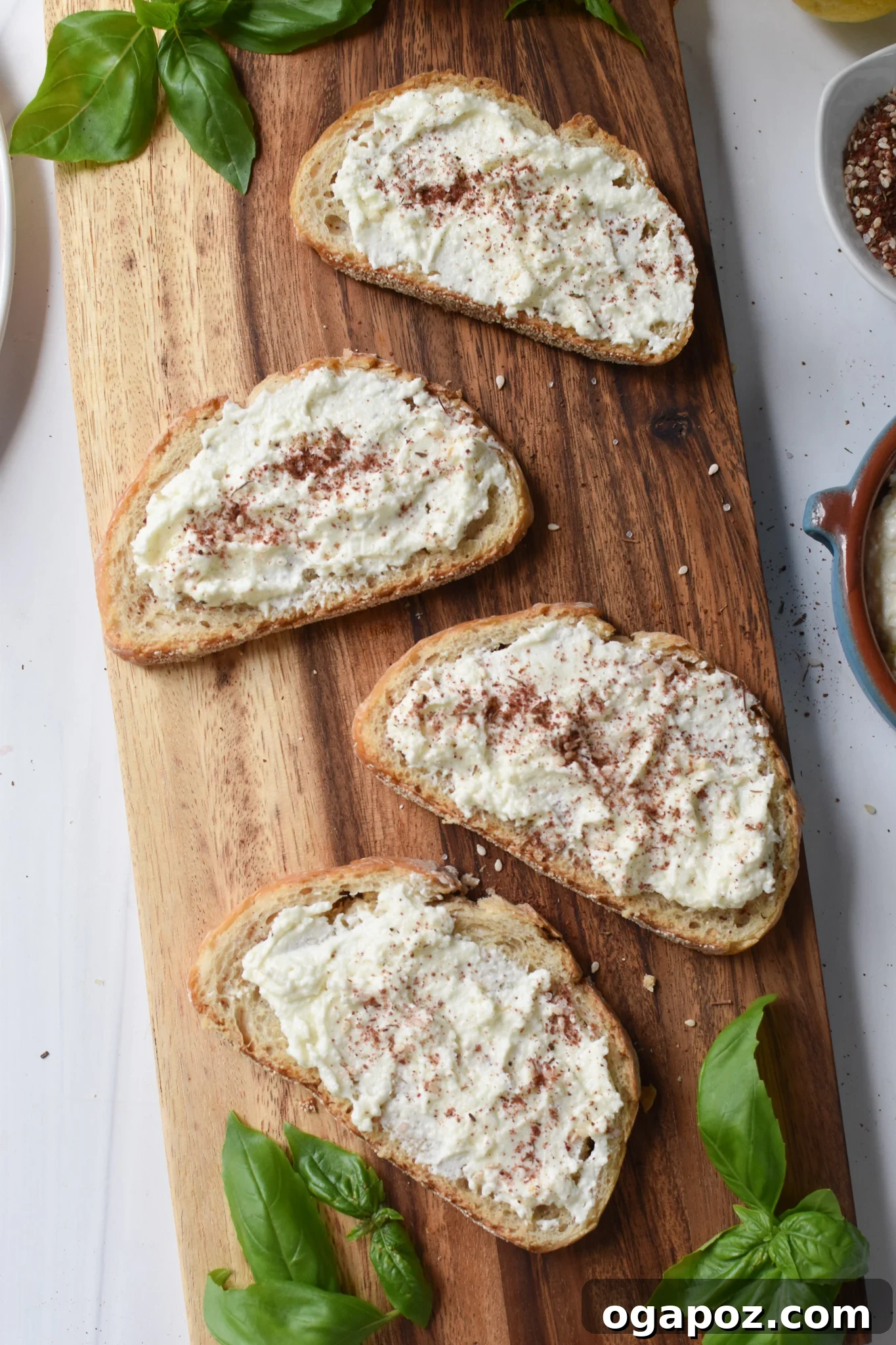 Heirloom Tomato Toast with Fluffy Feta 6 Tomato Toast with Whipped Feta whipped feta on bread.
