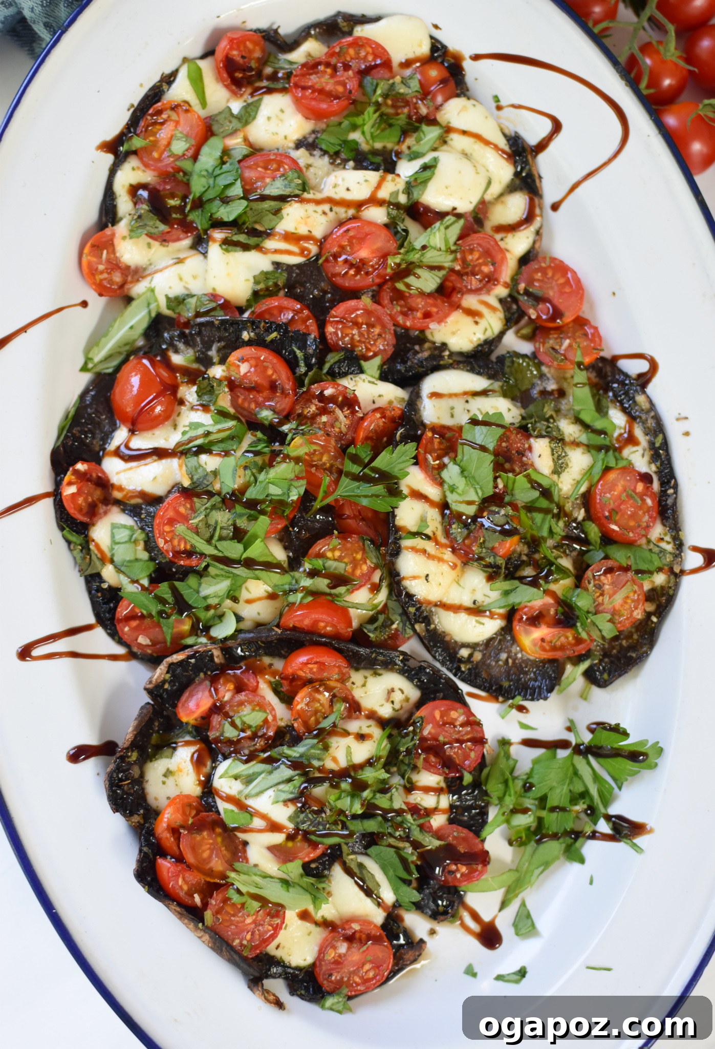 Roasted Caprese Portobellos 2 Caprese Stuffed Portobello Mushrooms with balsamic drizzle on a white platter, ready to be served.